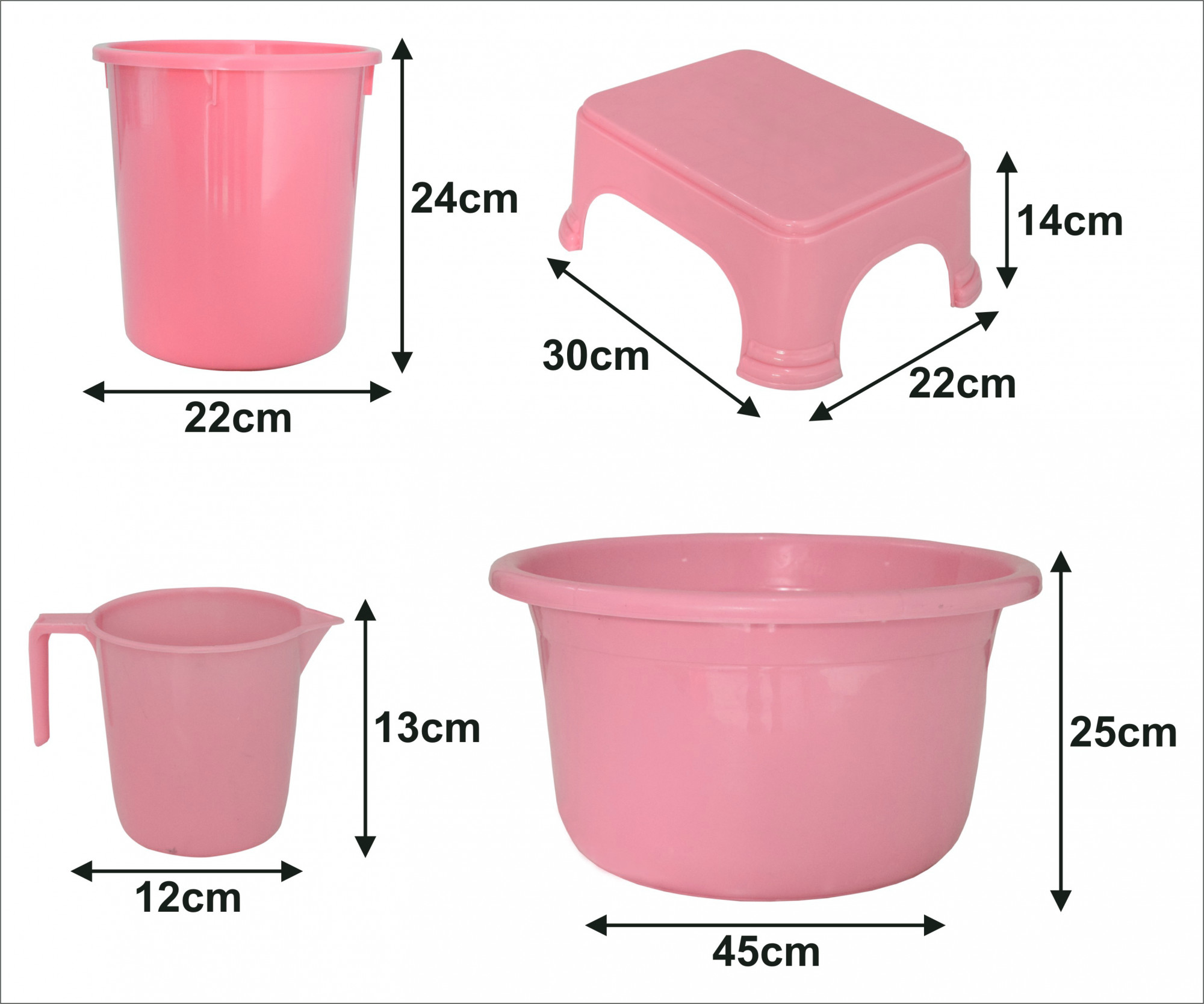 Kuber Industries 4 Pieces Unbreakable Virgin Plastic Multipurpose Mug, Stool, Dustbin & Tub Set (Pink)