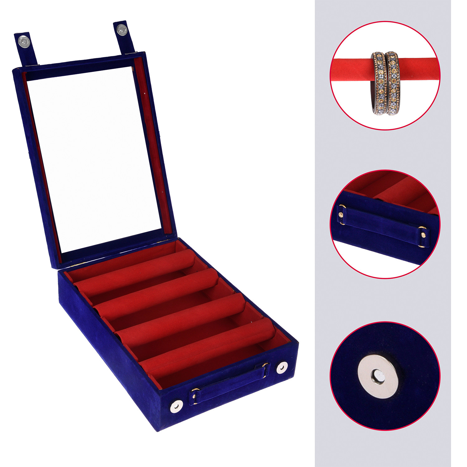 Kuber Industries 4 Rod Bangle Box|Wooden Jewelry Box|Wedding Vanity Box|Velvet Coated Wedding Bracelet Organizer for Women & Girls (Blue)