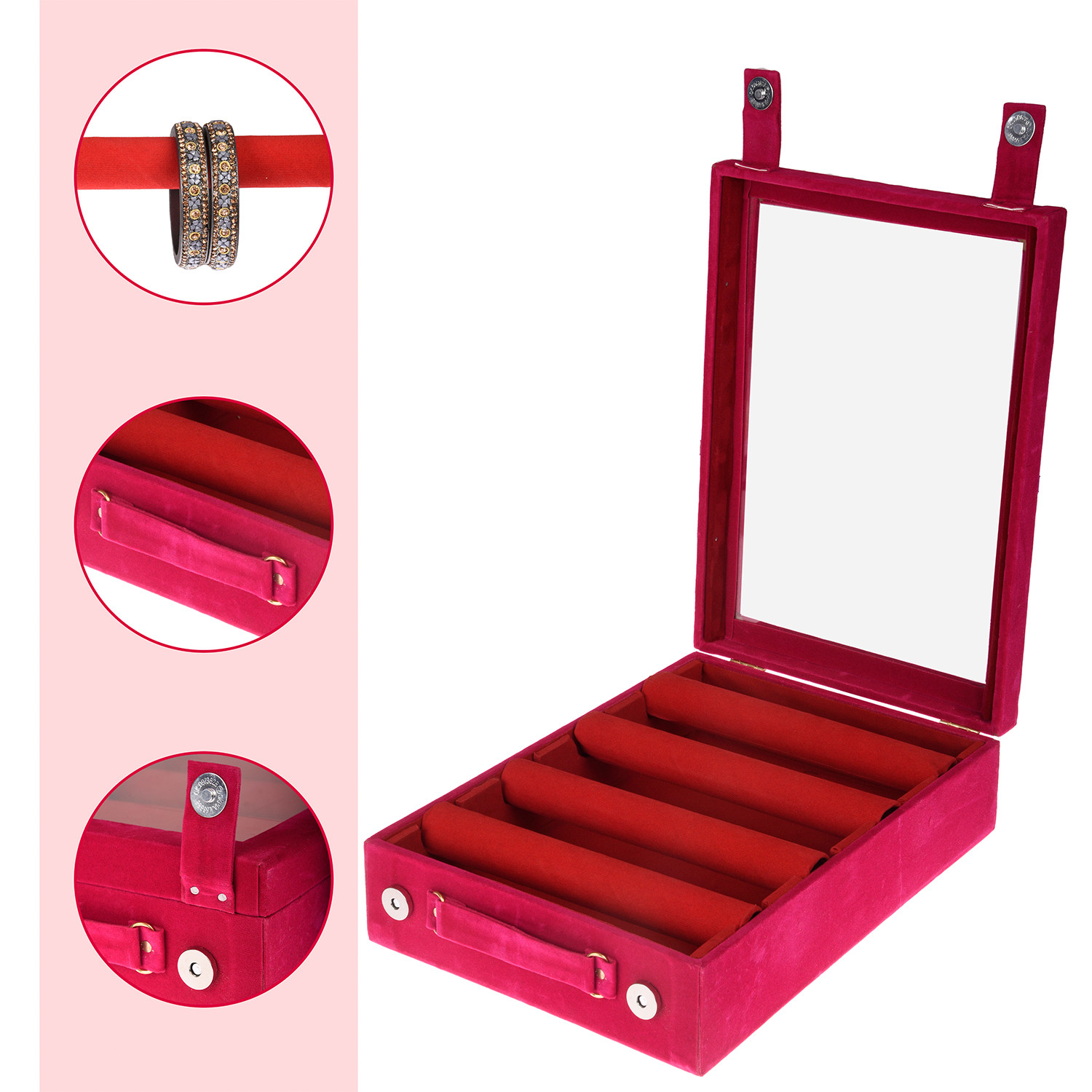 Kuber Industries 4 Rod Bangle Box|Wooden Jewelry Box|Wedding Vanity Box|Velvet Coated Wedding Bracelet Organizer for Women & Girls (Pink)