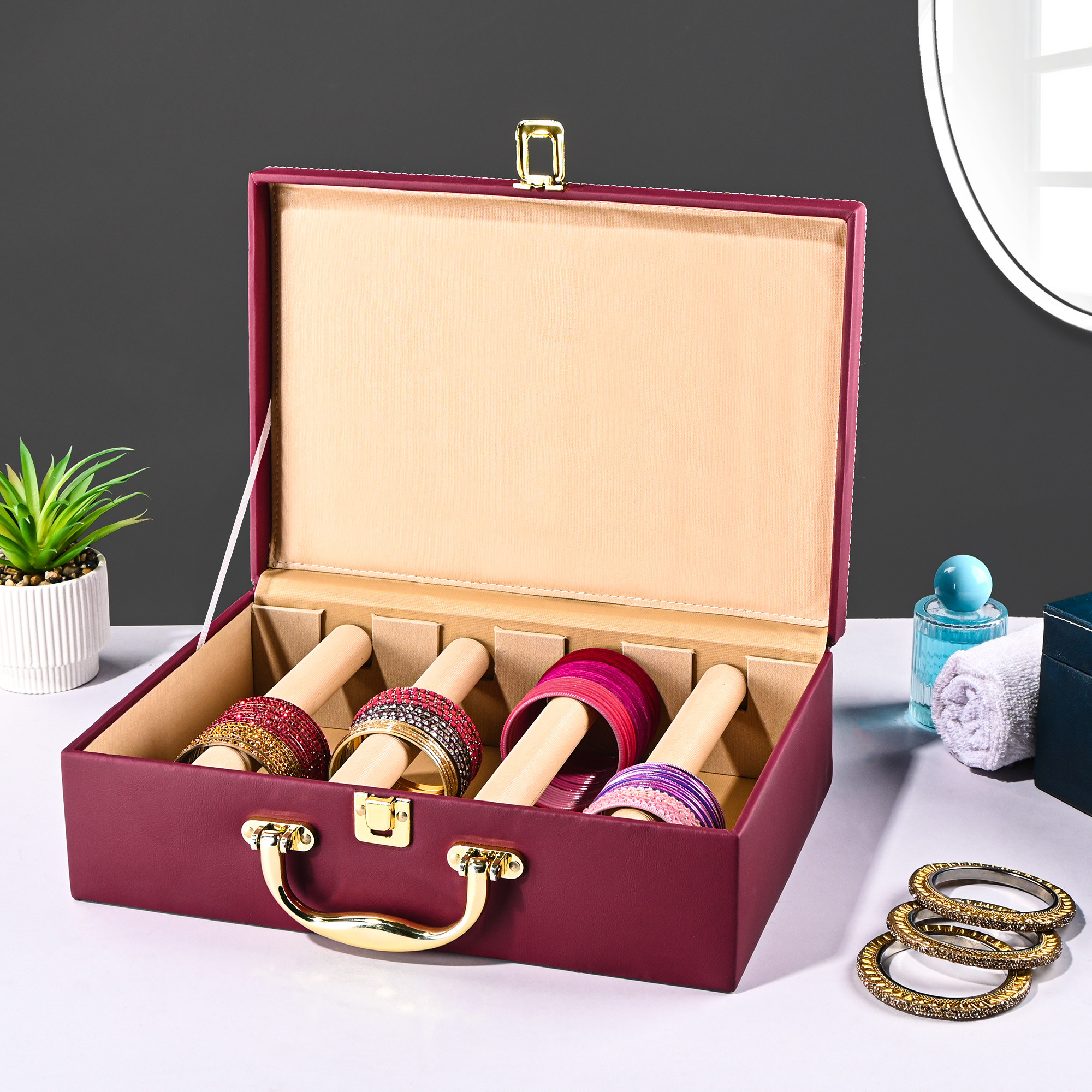 Kuber Industries 4 Rod Premium Faux Leather Bangles Box for WomenBride with Handle  BangalBangle Organizer Box  ChuriChudi Box for Women Bridal  Bangles Organisers Box  Maroon