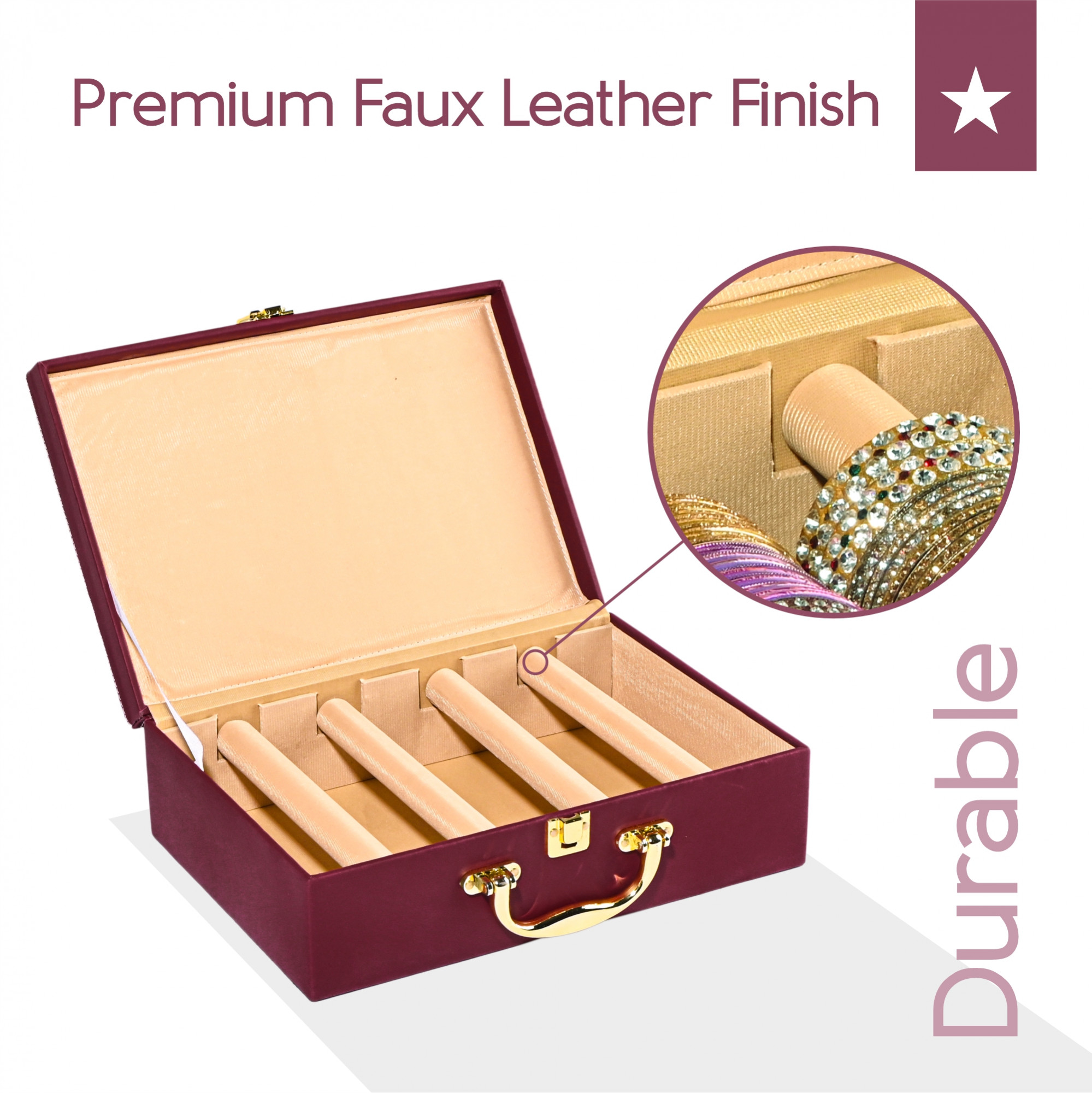 Kuber Industries 4 Rod Premium Faux Leather Bangles Box for WomenBride with Handle  BangalBangle Organizer Box  ChuriChudi Box for Women Bridal  Bangles Organisers Box  Maroon