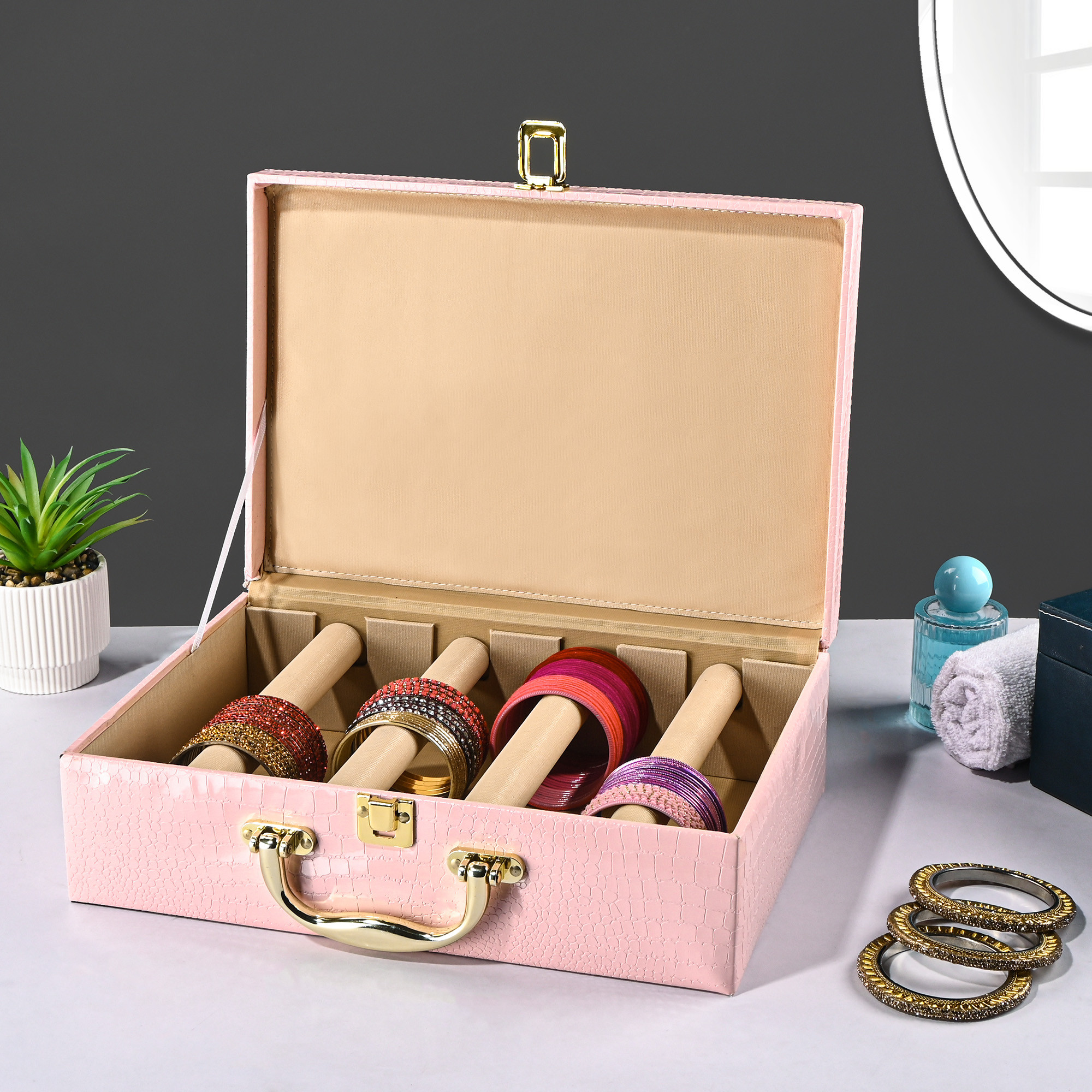 Kuber Industries 4 Rod Premium Faux Leather Bangles Box for WomenBride with Handle  BangalBangle Organizer Box  ChuriChudi Box for Women Bridal  Bangles Organisers Box  Pink