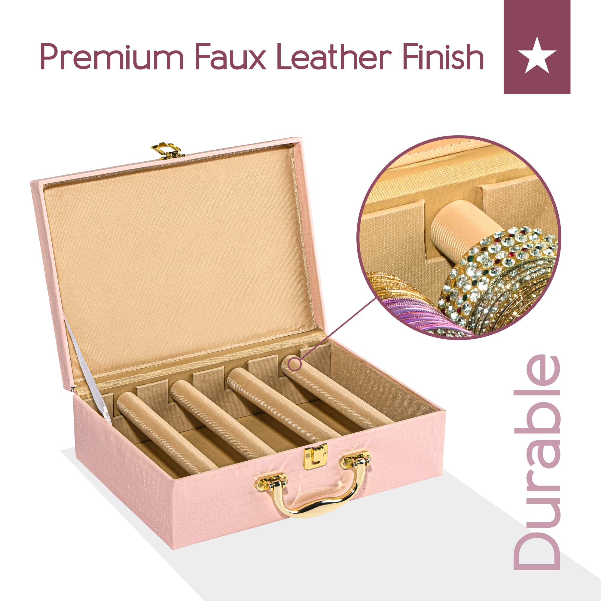 Kuber Industries 4 Rod Premium Faux Leather Bangles Box for WomenBride with Handle  BangalBangle Organizer Box  ChuriChudi Box for Women Bridal  Bangles Organisers Box  Pink