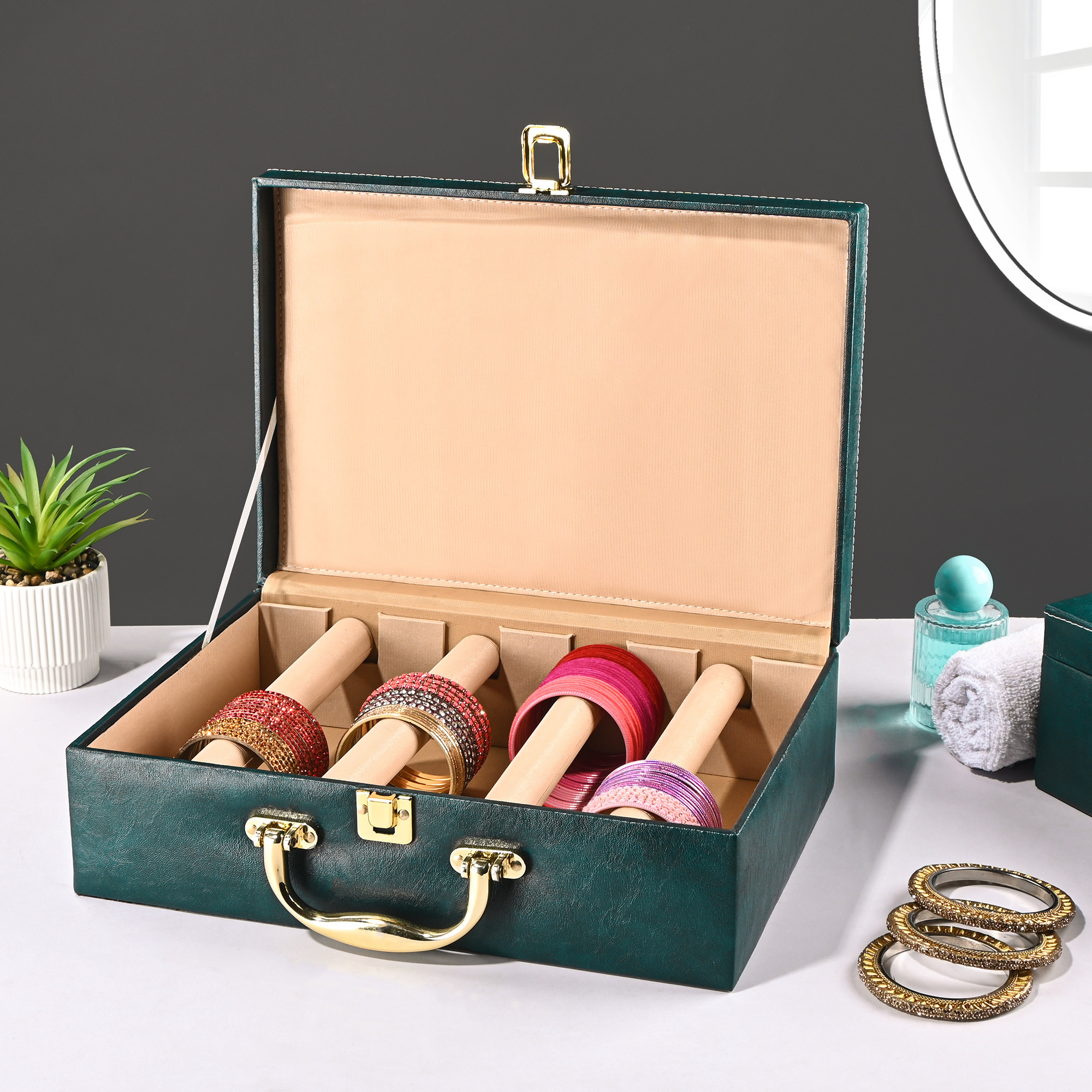 Kuber Industries 4 Rod Premium Faux Leather Bangles Box for WomenBride with Handle  BangalBangle Organizer Box  ChuriChudi Box for Women Bridal  Bangles Organisers Box  Teal