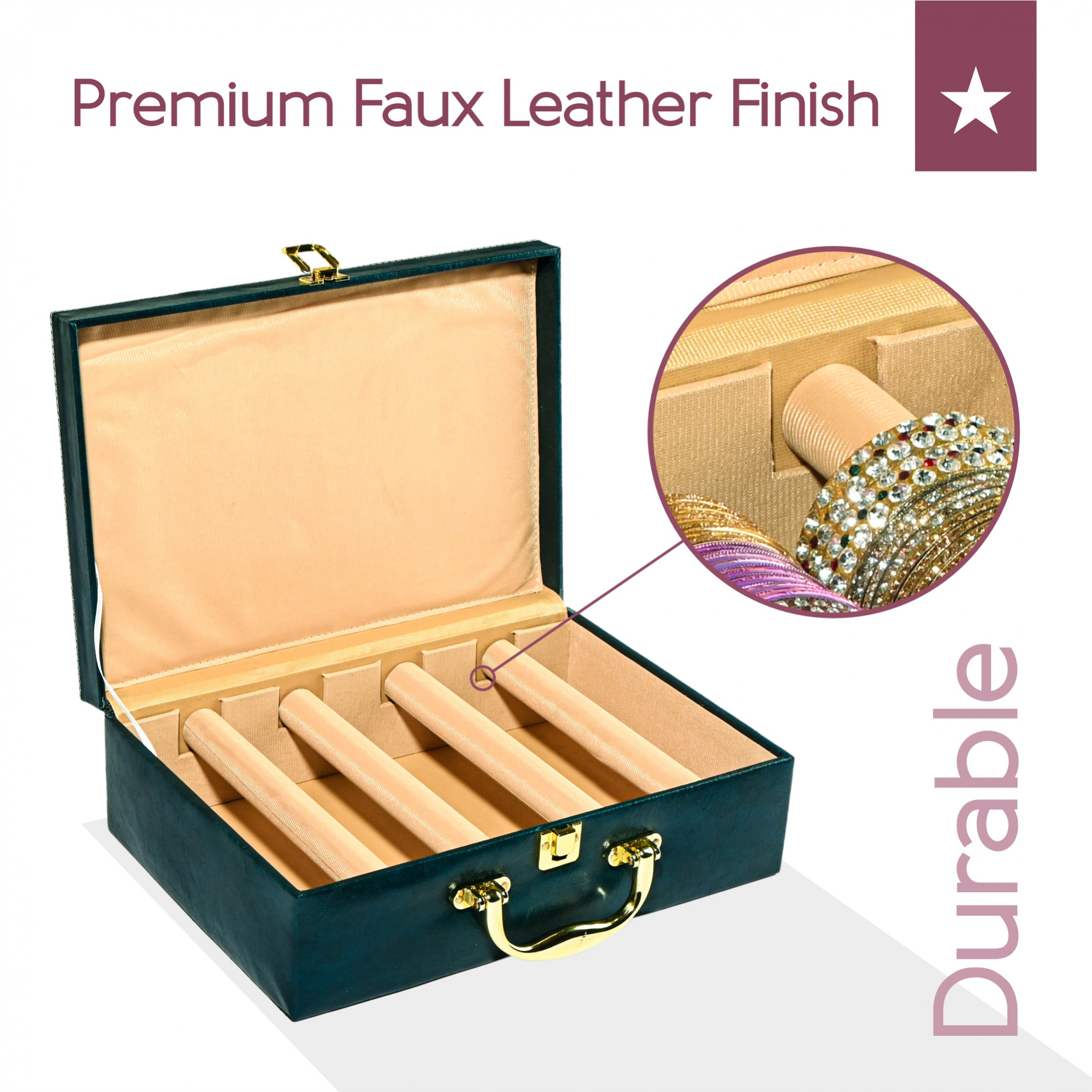 Kuber Industries 4 Rod Premium Faux Leather Bangles Box for WomenBride with Handle  BangalBangle Organizer Box  ChuriChudi Box for Women Bridal  Bangles Organisers Box  Teal