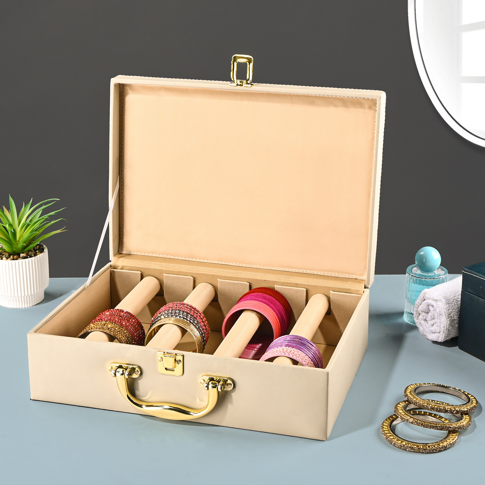 Kuber Industries 4 Rod Premium Faux Leather Bangles Box for WomenBride with Handle  BangalBangle Organizer Box  ChuriChudi Box for Women Bridal  Bangles Organisers Box  Beige