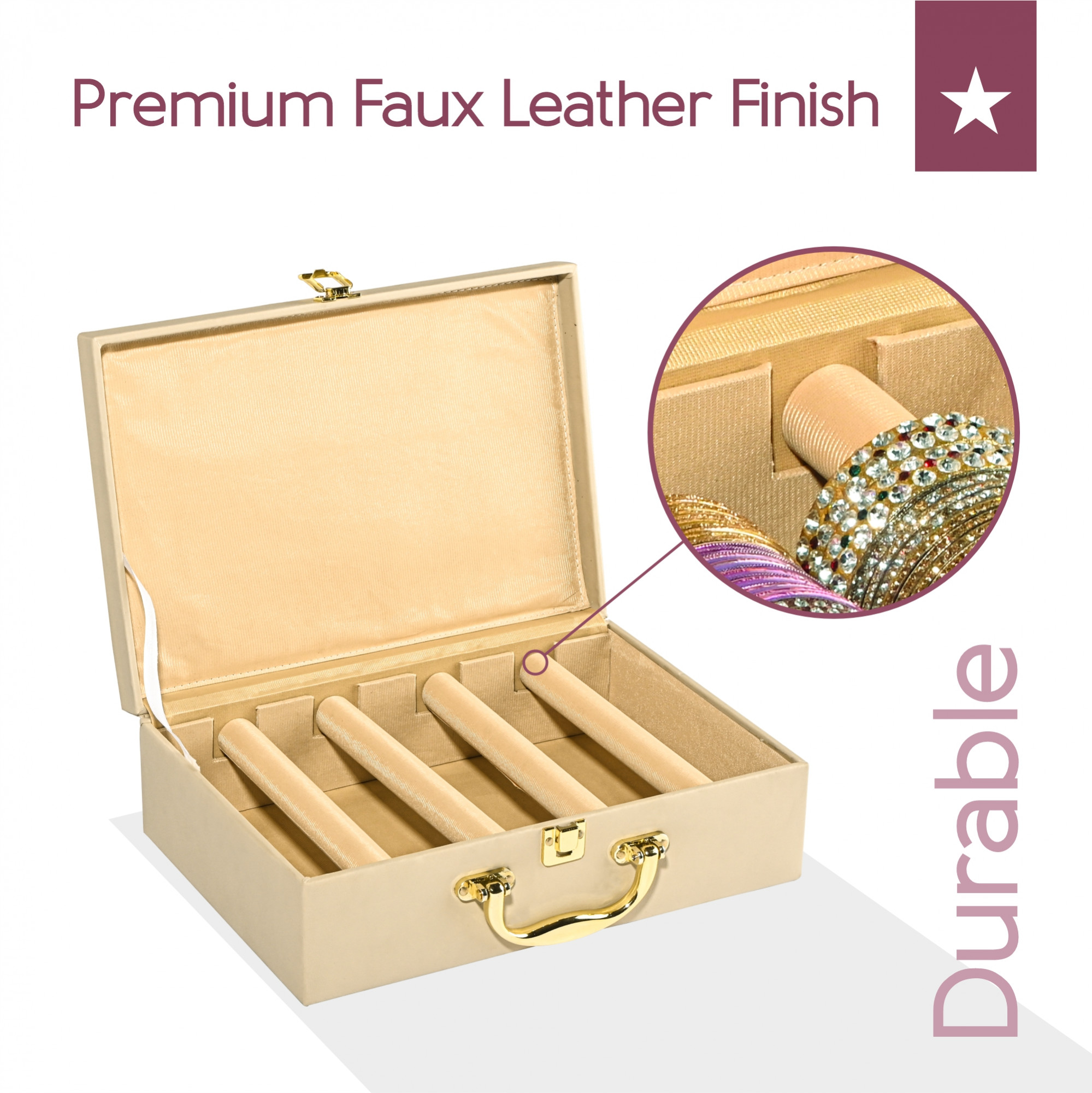 Kuber Industries 4 Rod Premium Faux Leather Bangles Box for WomenBride with Handle  BangalBangle Organizer Box  ChuriChudi Box for Women Bridal  Bangles Organisers Box  Beige