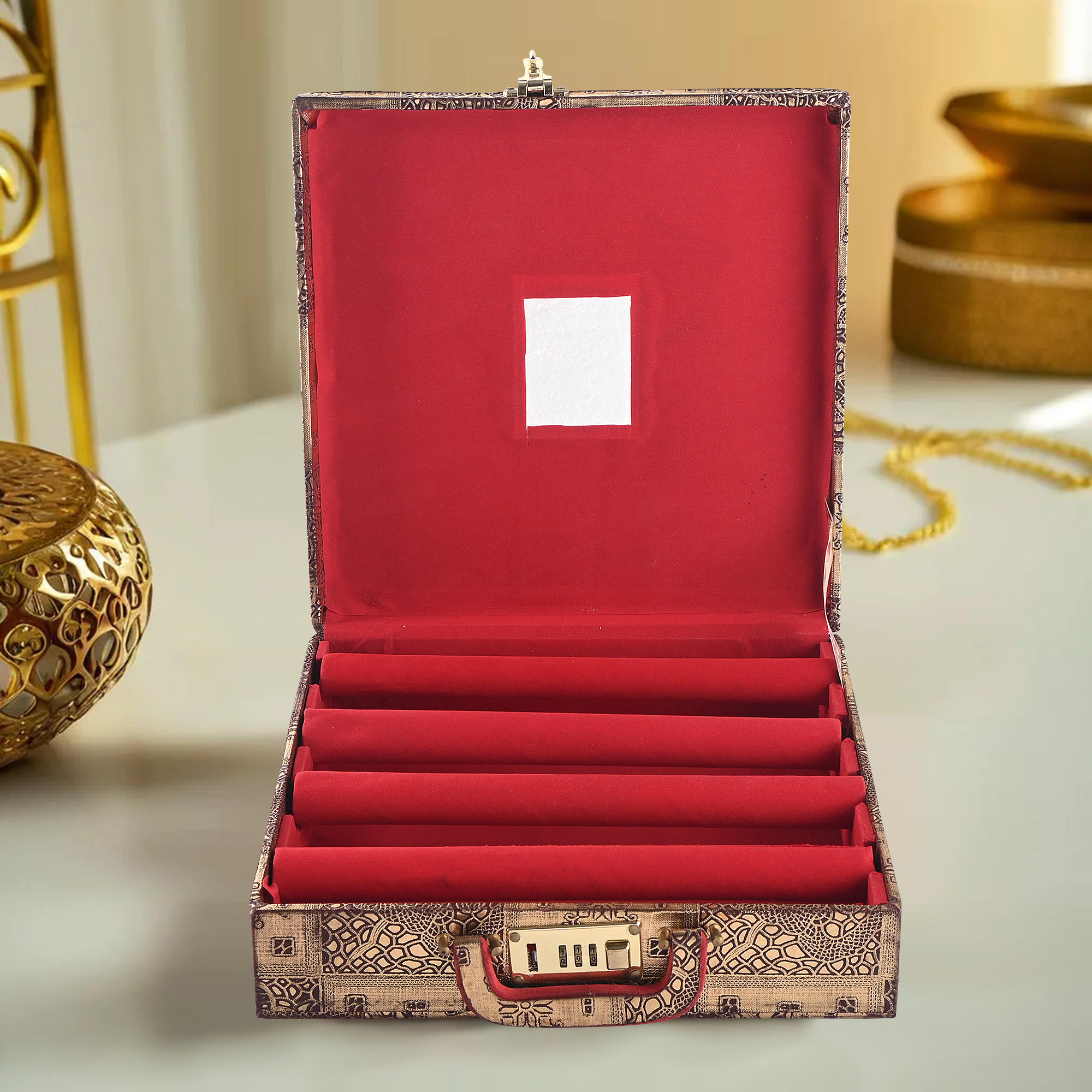 Kuber Industries 4-Rod Removable Bangles Organisers Storage Box with Number Lock  Wedding Jewellery Organizer Case with Handle  Bangles Box for Women  Flower Design - Golden