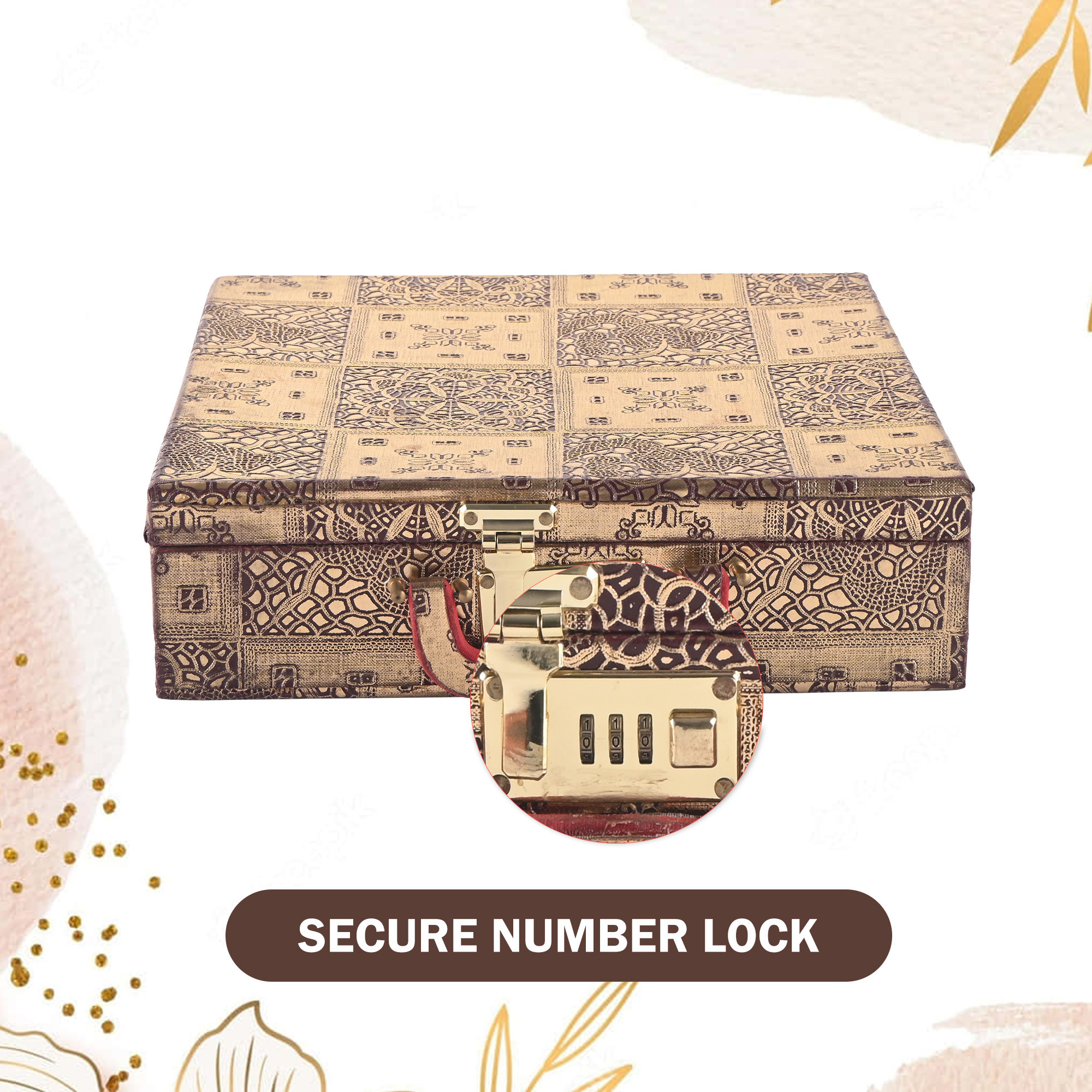 Kuber Industries 4-Rod Removable Bangles Organisers Storage Box with Number Lock  Wedding Jewellery Organizer Case with Handle  Bangles Box for Women  Flower Design - Golden