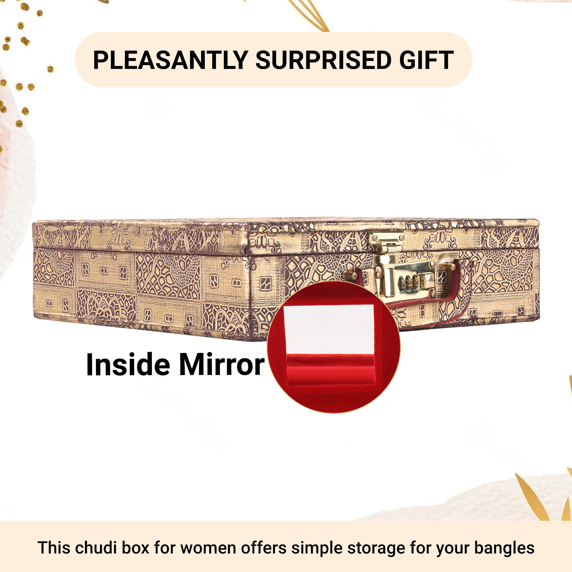 Kuber Industries 4-Rod Removable Bangles Organisers Storage Box with Number Lock  Wedding Jewellery Organizer Case with Handle  Bangles Box for Women  Flower Design - Golden