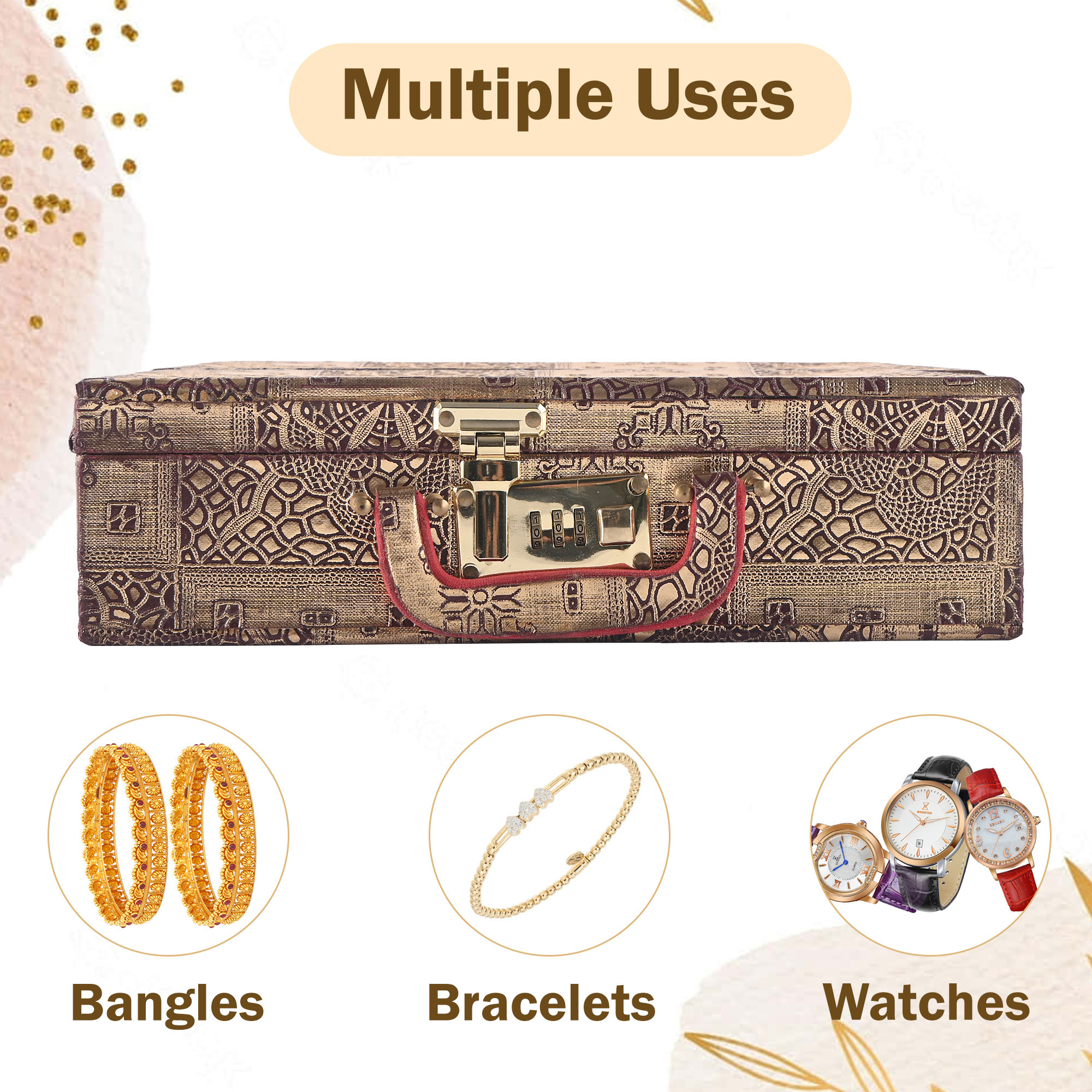 Kuber Industries 4-Rod Removable Bangles Organisers Storage Box with Number Lock  Wedding Jewellery Organizer Case with Handle  Bangles Box for Women  Flower Design - Golden