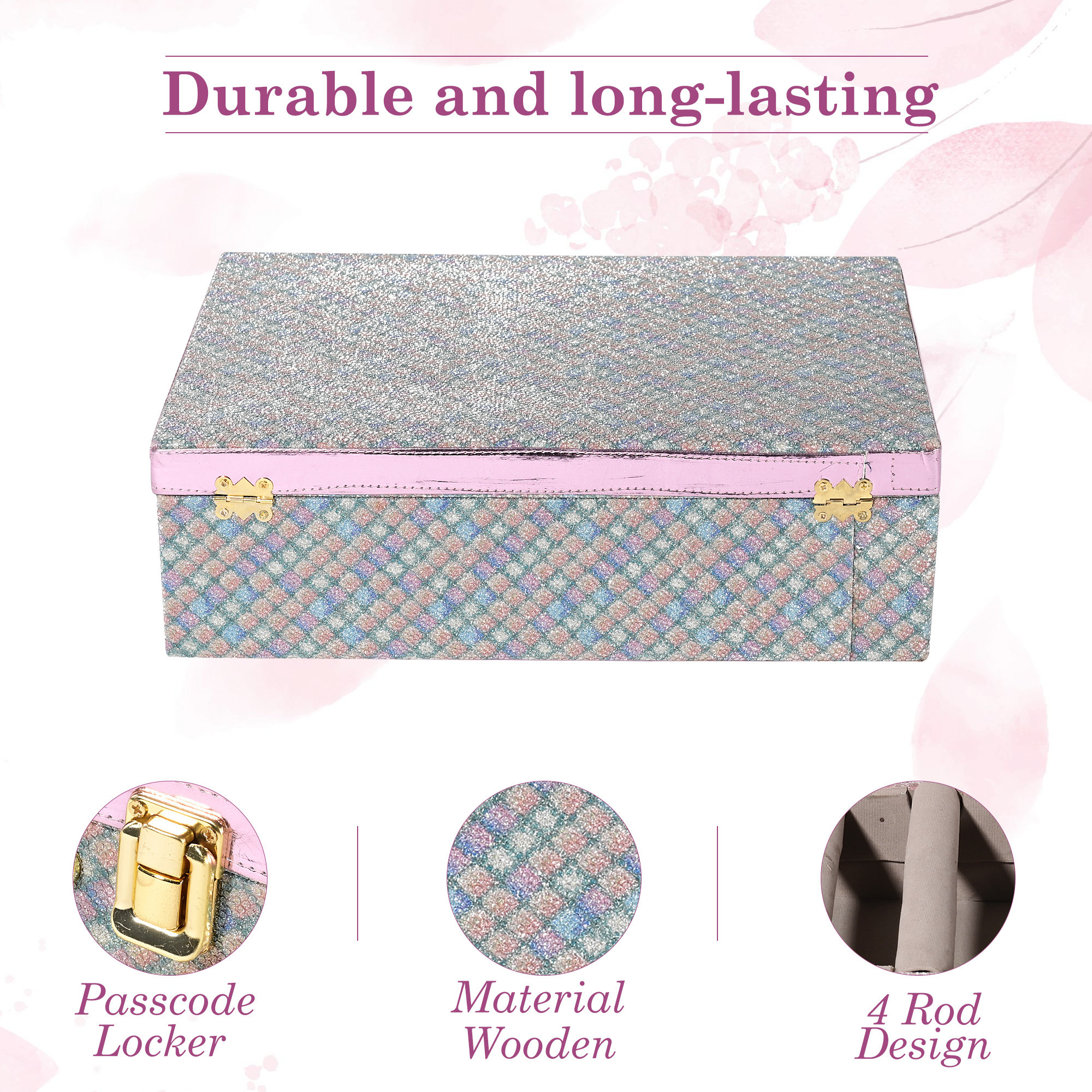 Kuber Industries 4 Rod Wooden Bangle Organizers Storage Box with Gold Handle For Women  Bridal Fancy Chudi BoxChuda Holder  Jewellery Case  Shining Leaser Foil- Green