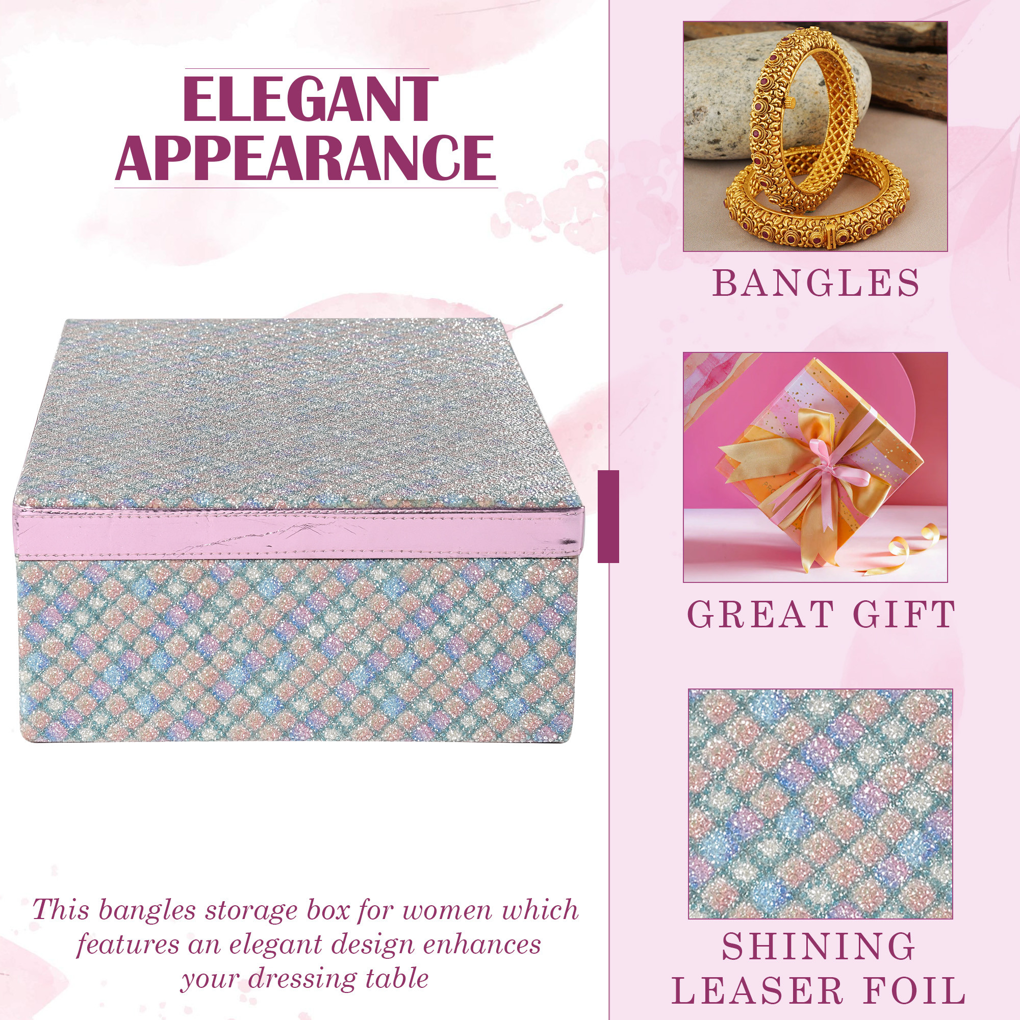 Kuber Industries 4 Rod Wooden Bangle Organizers Storage Box with Gold Handle For Women  Bridal Fancy Chudi BoxChuda Holder  Jewellery Case  Shining Leaser Foil- Green