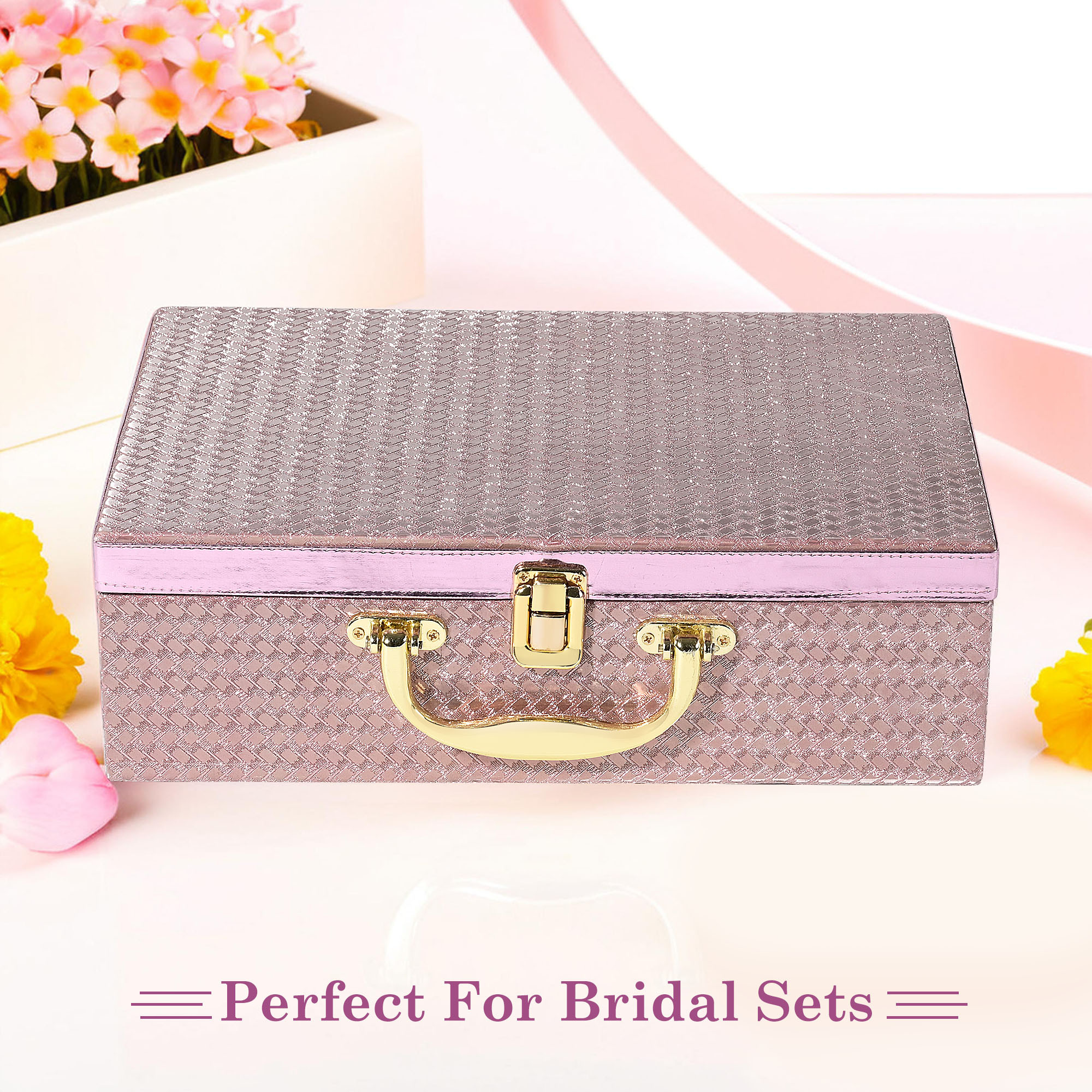 Kuber Industries 4 Rod Wooden Bangle Organizers Storage Box with Gold Handle For Women  Bridal Fancy Chudi BoxChuda Holder  Jewellery Case  Shining Leaser Foil- Peach