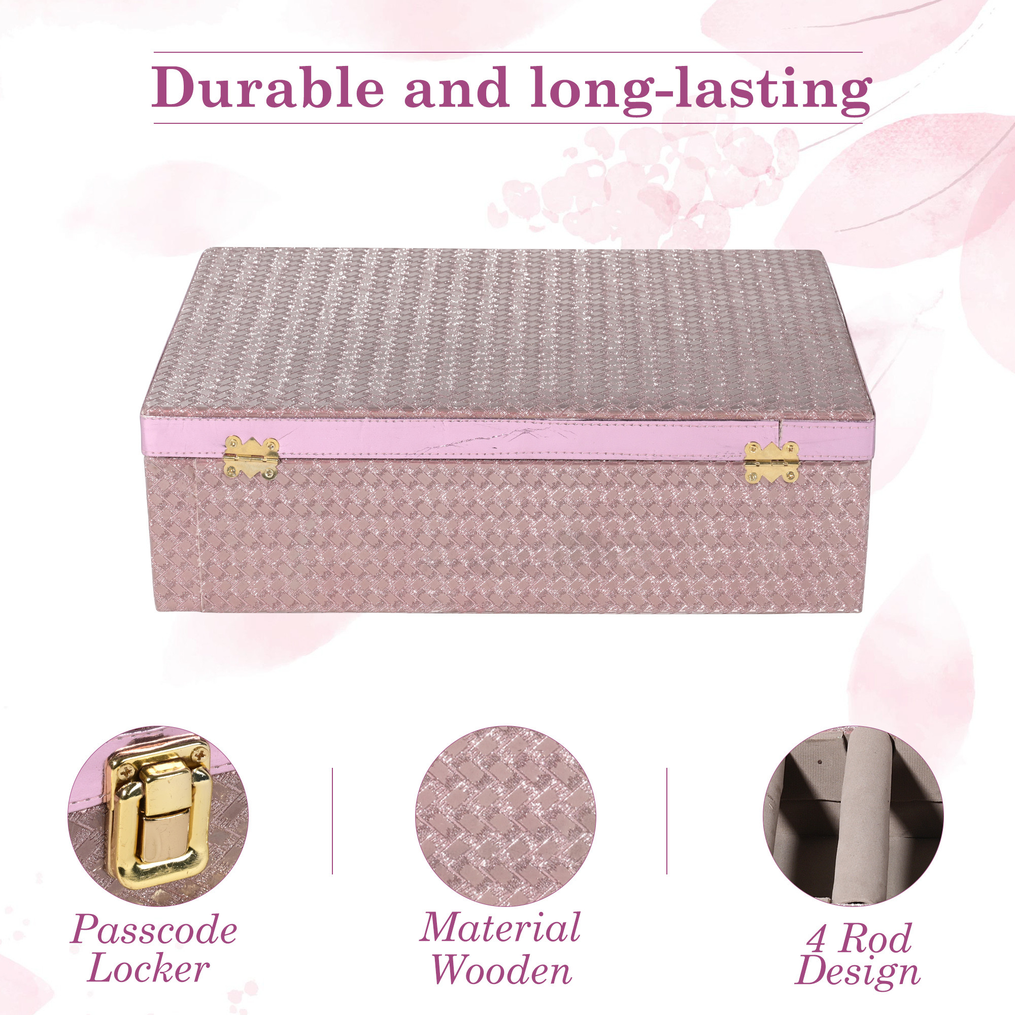 Kuber Industries 4 Rod Wooden Bangle Organizers Storage Box with Gold Handle For Women  Bridal Fancy Chudi BoxChuda Holder  Jewellery Case  Shining Leaser Foil- Peach