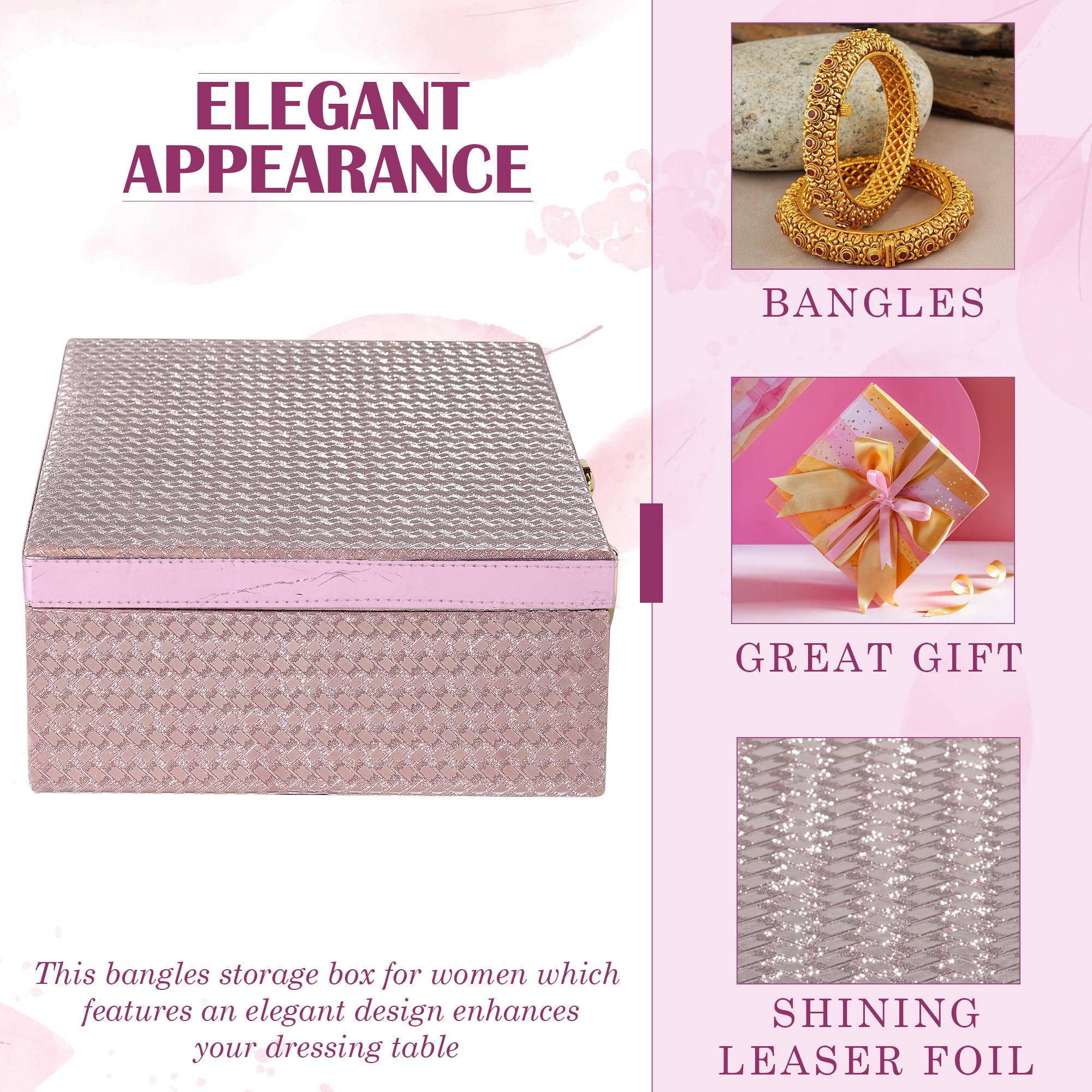 Kuber Industries 4 Rod Wooden Bangle Organizers Storage Box with Gold Handle For Women  Bridal Fancy Chudi BoxChuda Holder  Jewellery Case  Shining Leaser Foil- Peach