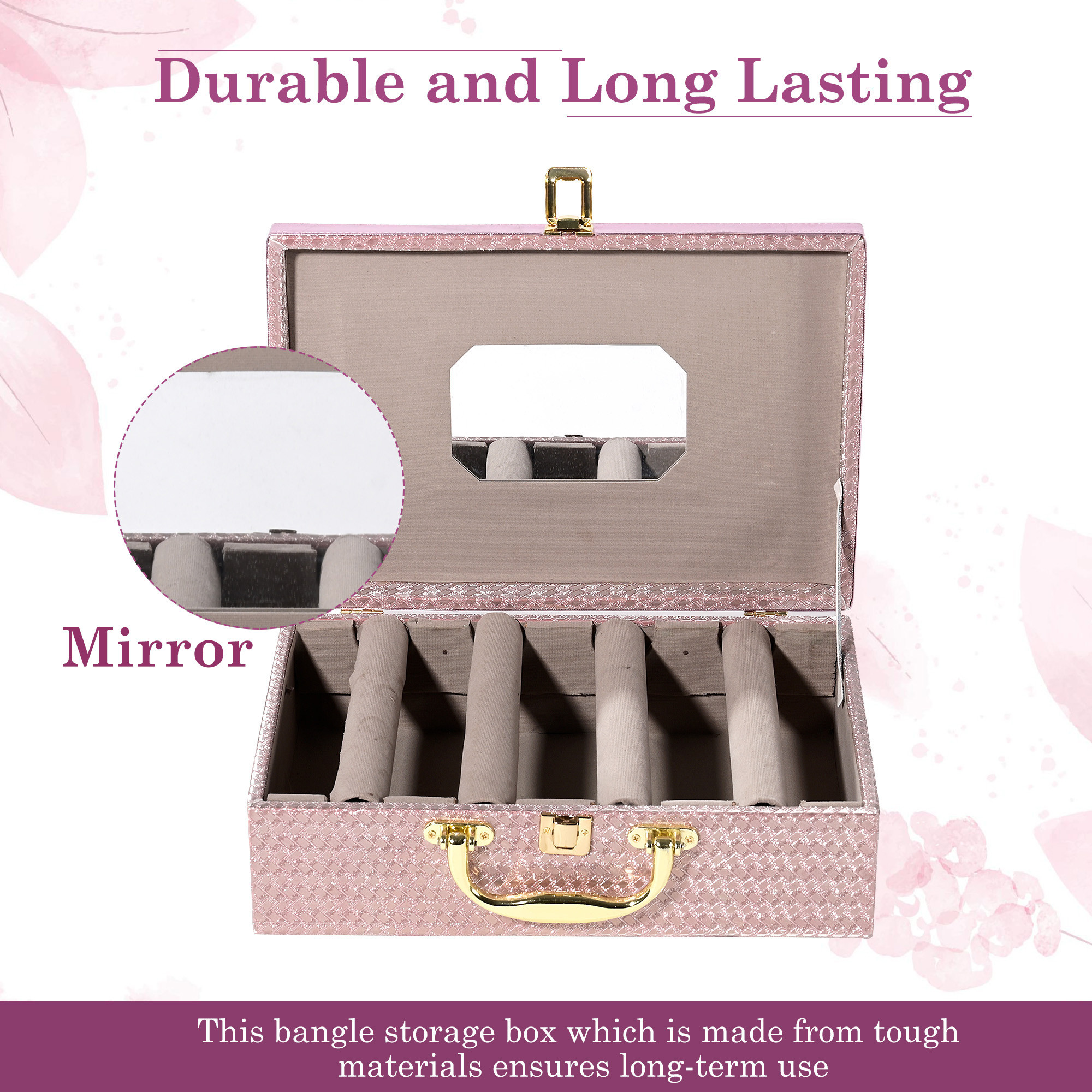 Kuber Industries 4 Rod Wooden Bangle Organizers Storage Box with Gold Handle For Women  Bridal Fancy Chudi BoxChuda Holder  Jewellery Case  Shining Leaser Foil- Peach