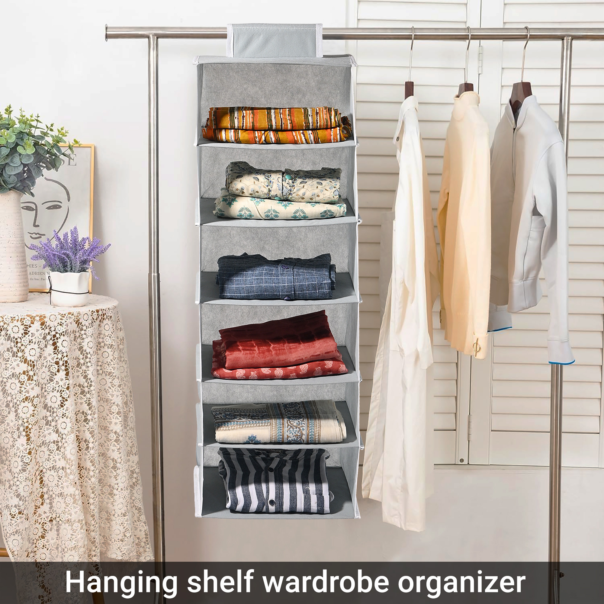 Kuber Industries 4-Shelf Foldable Hanging Organizer for Wardrobe with Velcro  10x15 Inch  Multipurpose Almirah Organizer Clothes  Space-Saving  Lightweight Design  Plain Grey