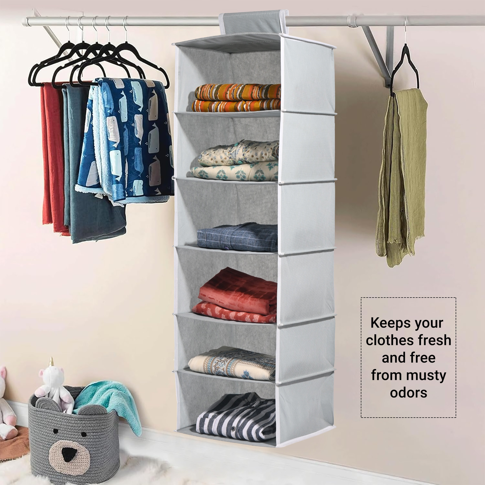 Kuber Industries 4-Shelf Foldable Hanging Organizer for Wardrobe with Velcro  10x15 Inch  Multipurpose Almirah Organizer Clothes  Space-Saving  Lightweight Design  Plain Grey