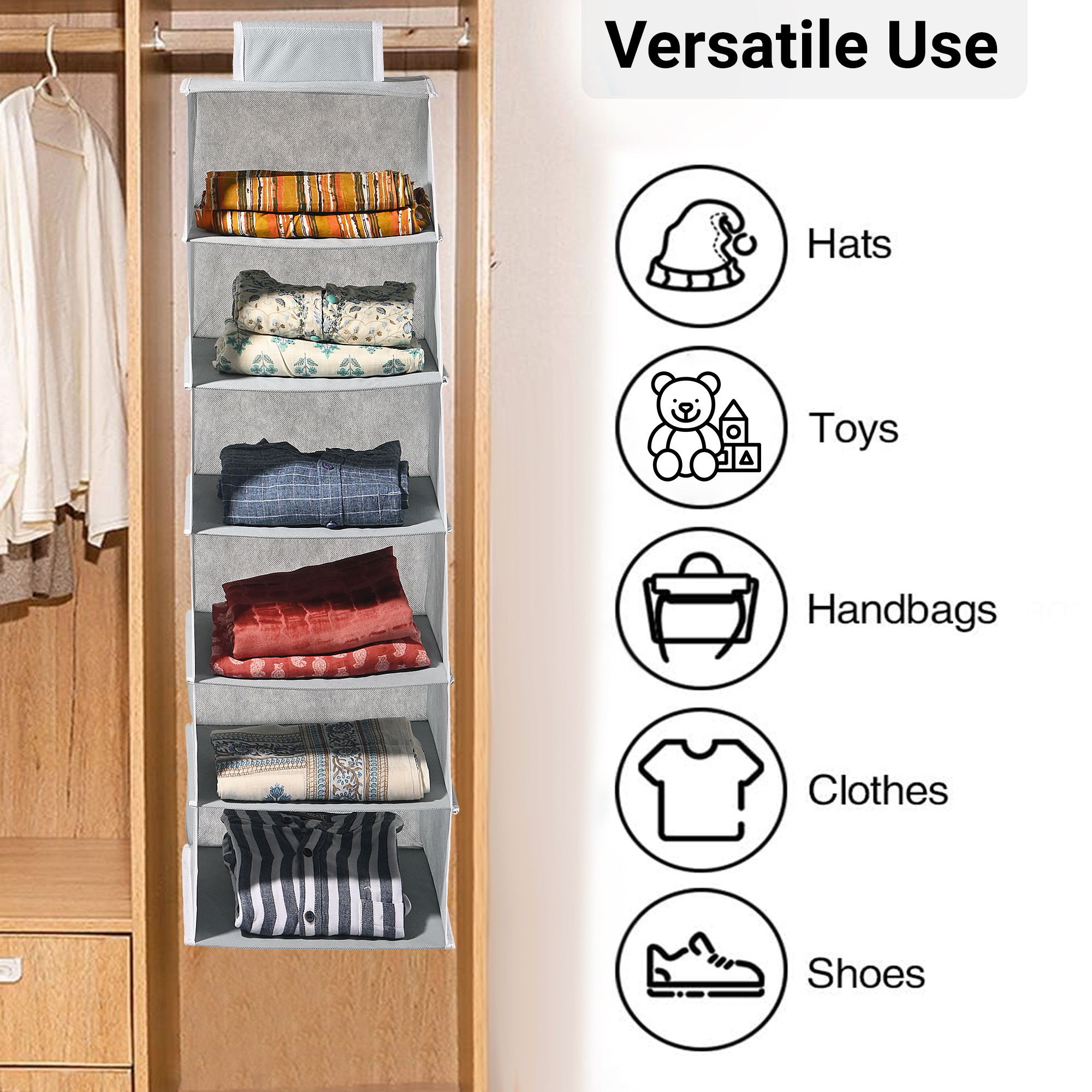 Kuber Industries 4-Shelf Foldable Hanging Organizer for Wardrobe with Velcro  10x15 Inch  Multipurpose Almirah Organizer Clothes  Space-Saving  Lightweight Design  Plain Grey