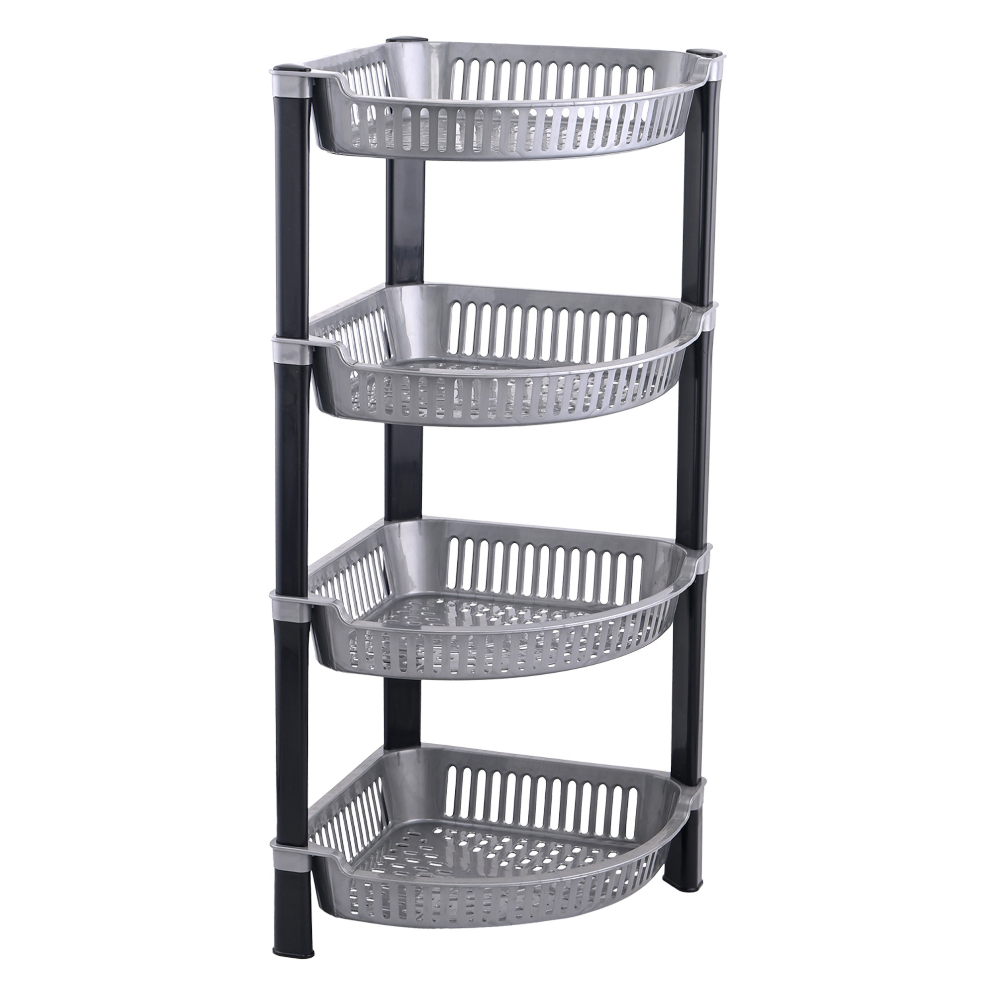 Kuber Industries 4 Tier Folding Plastic Fruit  Vegetable Basket Stand  Onion Potato Rack for Kitchen Storage Corner  Modern Organizer Aalu Pyaj Storage Basket Shelf Stand  Silver