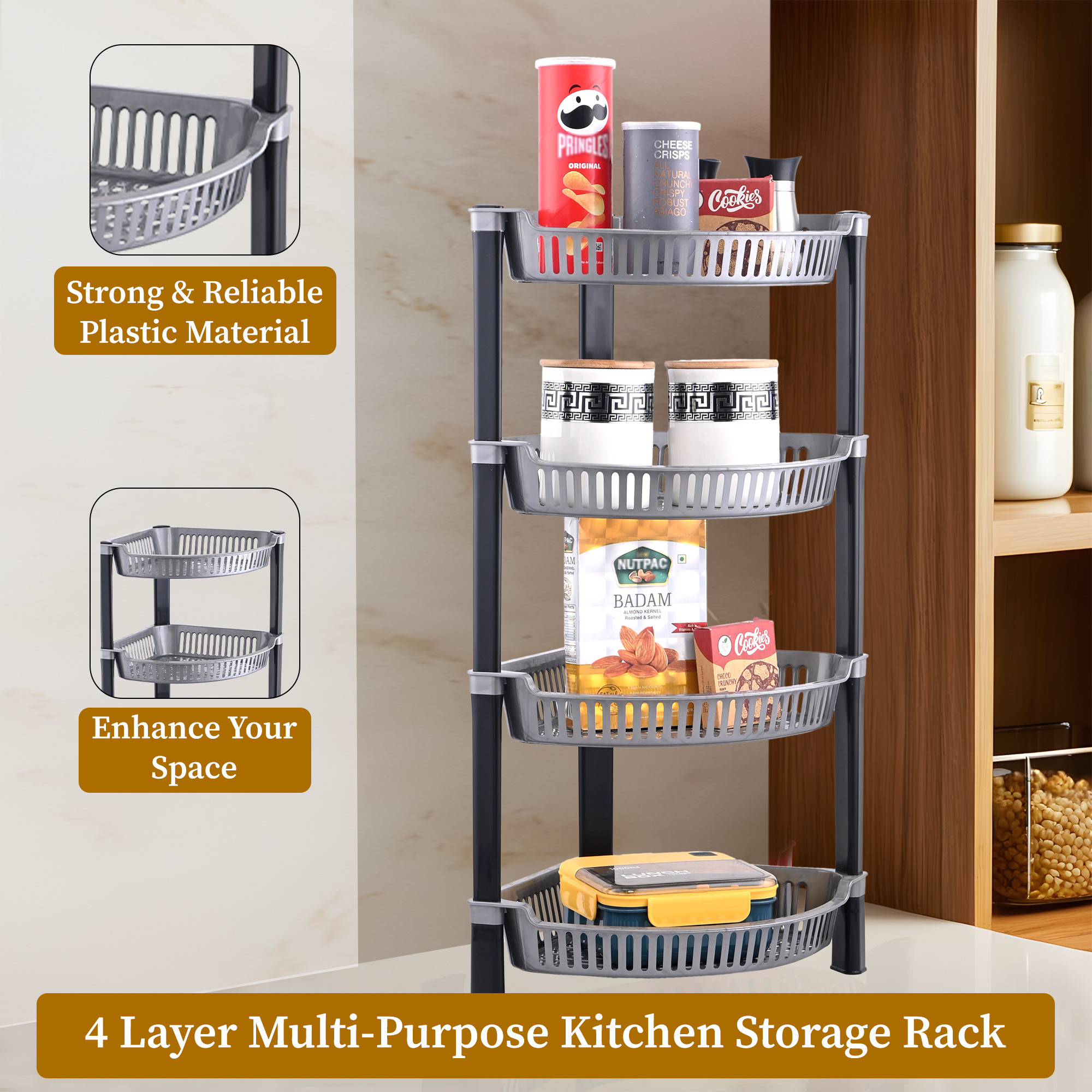 Kuber Industries 4 Tier Folding Plastic Fruit  Vegetable Basket Stand  Onion Potato Rack for Kitchen Storage Corner  Modern Organizer Aalu Pyaj Storage Basket Shelf Stand  Silver