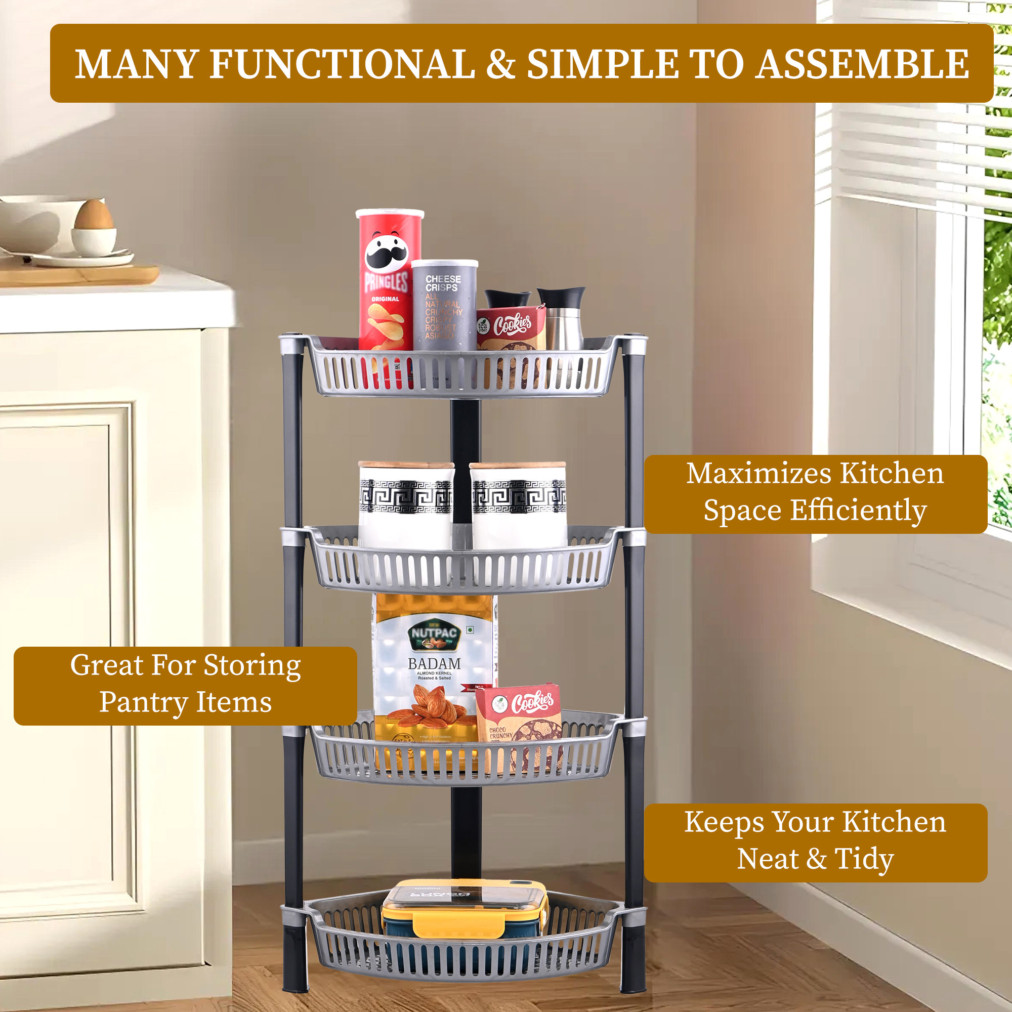 Kuber Industries 4 Tier Folding Plastic Fruit  Vegetable Basket Stand  Onion Potato Rack for Kitchen Storage Corner  Modern Organizer Aalu Pyaj Storage Basket Shelf Stand  Silver