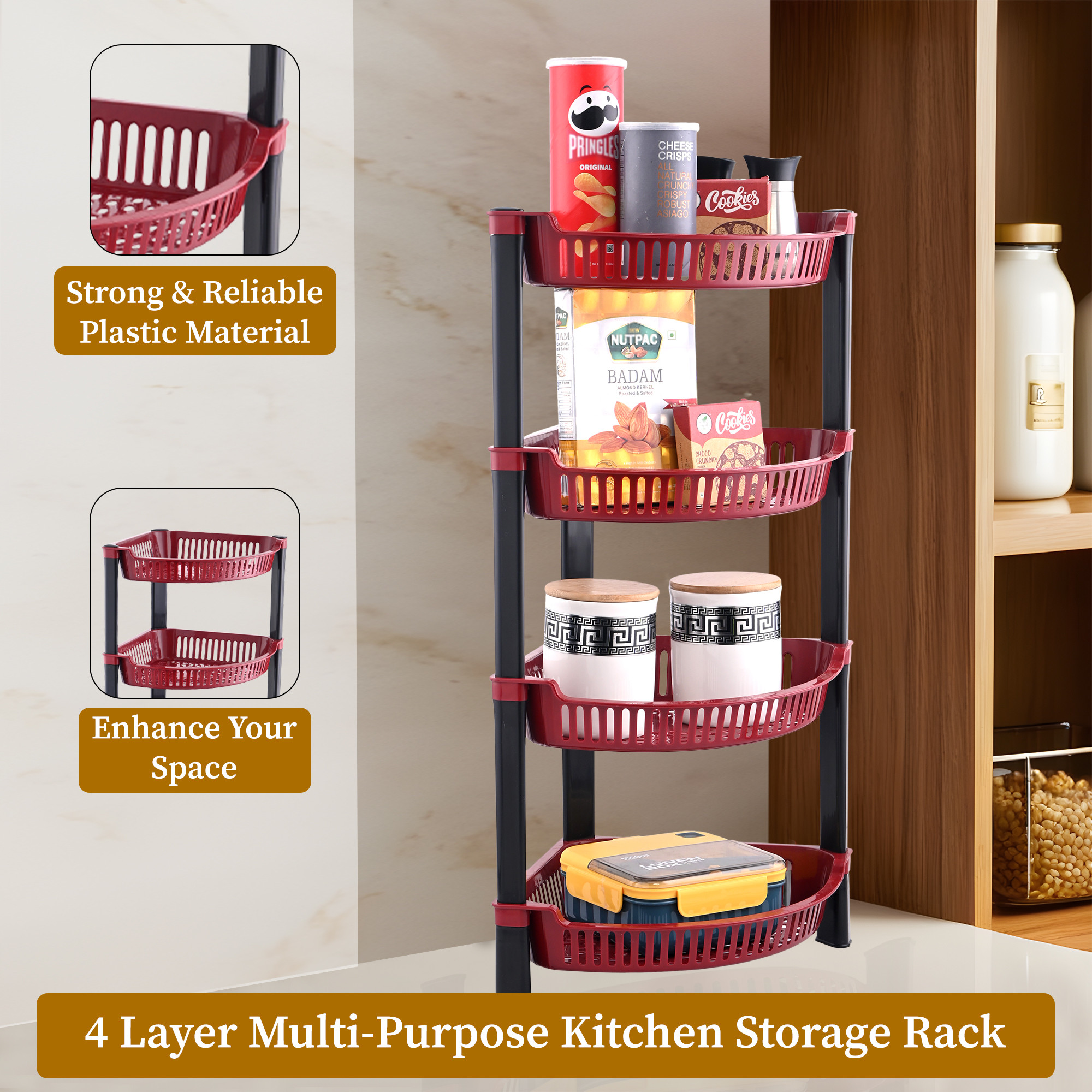 Kuber Industries 4 Tier Folding Plastic Fruit  Vegetable Basket Stand  Onion Potato Rack for Kitchen Storage Corner  Modern Organizer Aalu Pyaj Storage Basket Shelf Stand  Brown
