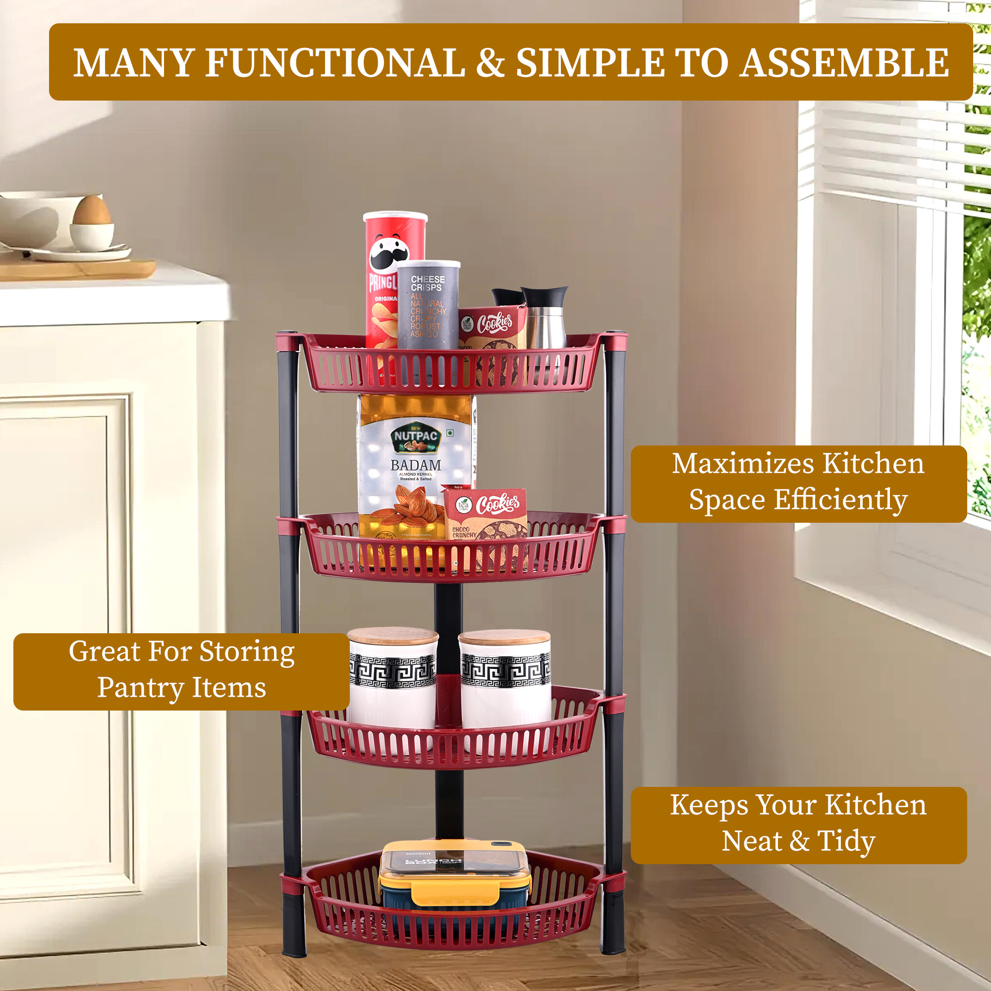 Kuber Industries 4 Tier Folding Plastic Fruit  Vegetable Basket Stand  Onion Potato Rack for Kitchen Storage Corner  Modern Organizer Aalu Pyaj Storage Basket Shelf Stand  Brown