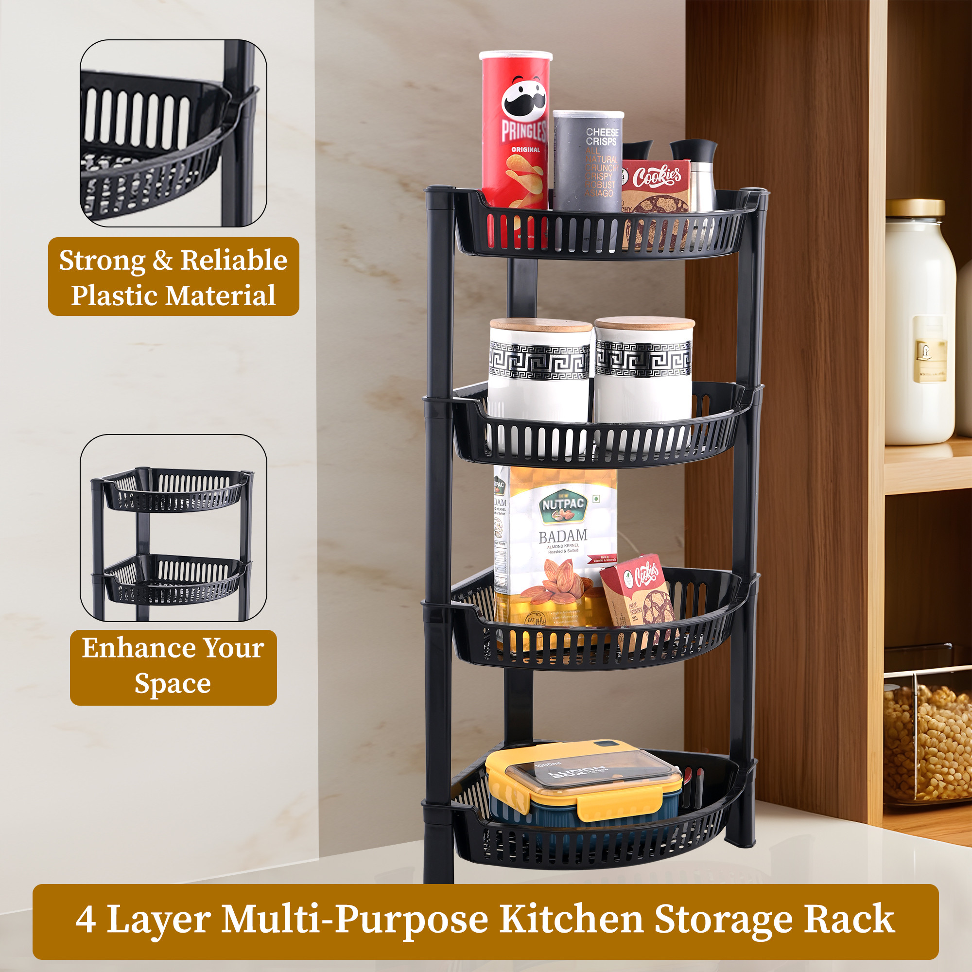 Kuber Industries 4 Tier Folding Plastic Fruit  Vegetable Basket Stand  Onion Potato Rack for Kitchen Storage Corner  Modern Organizer Aalu Pyaj Storage Basket Shelf Stand  Black