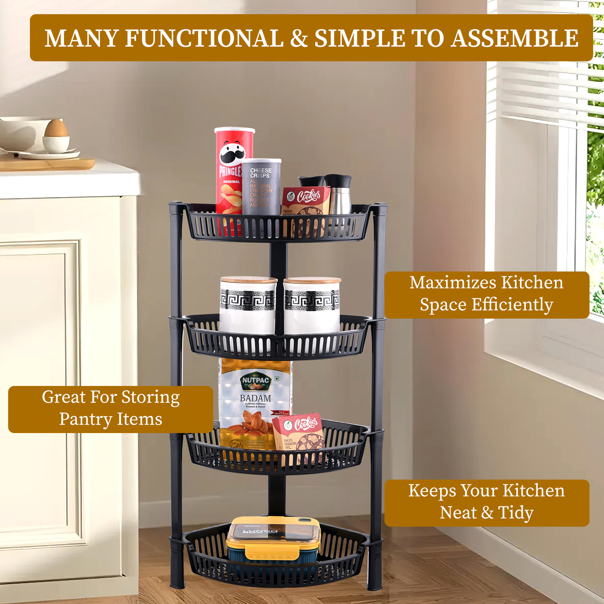 Kuber Industries 4 Tier Folding Plastic Fruit  Vegetable Basket Stand  Onion Potato Rack for Kitchen Storage Corner  Modern Organizer Aalu Pyaj Storage Basket Shelf Stand  Black