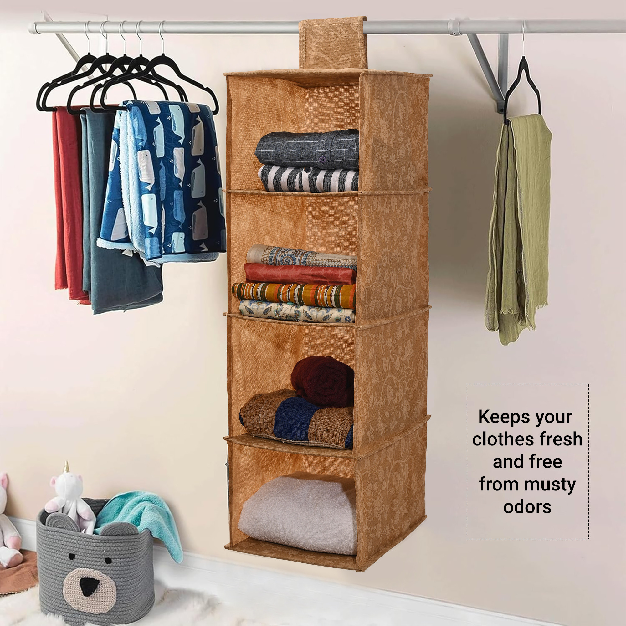 Kuber Industries 4-Tier Hanging Closet Organizer for Wardrobe  Clothes  Undergarments Storage Shelf for AlmirahCupboard  Flowers -Brown