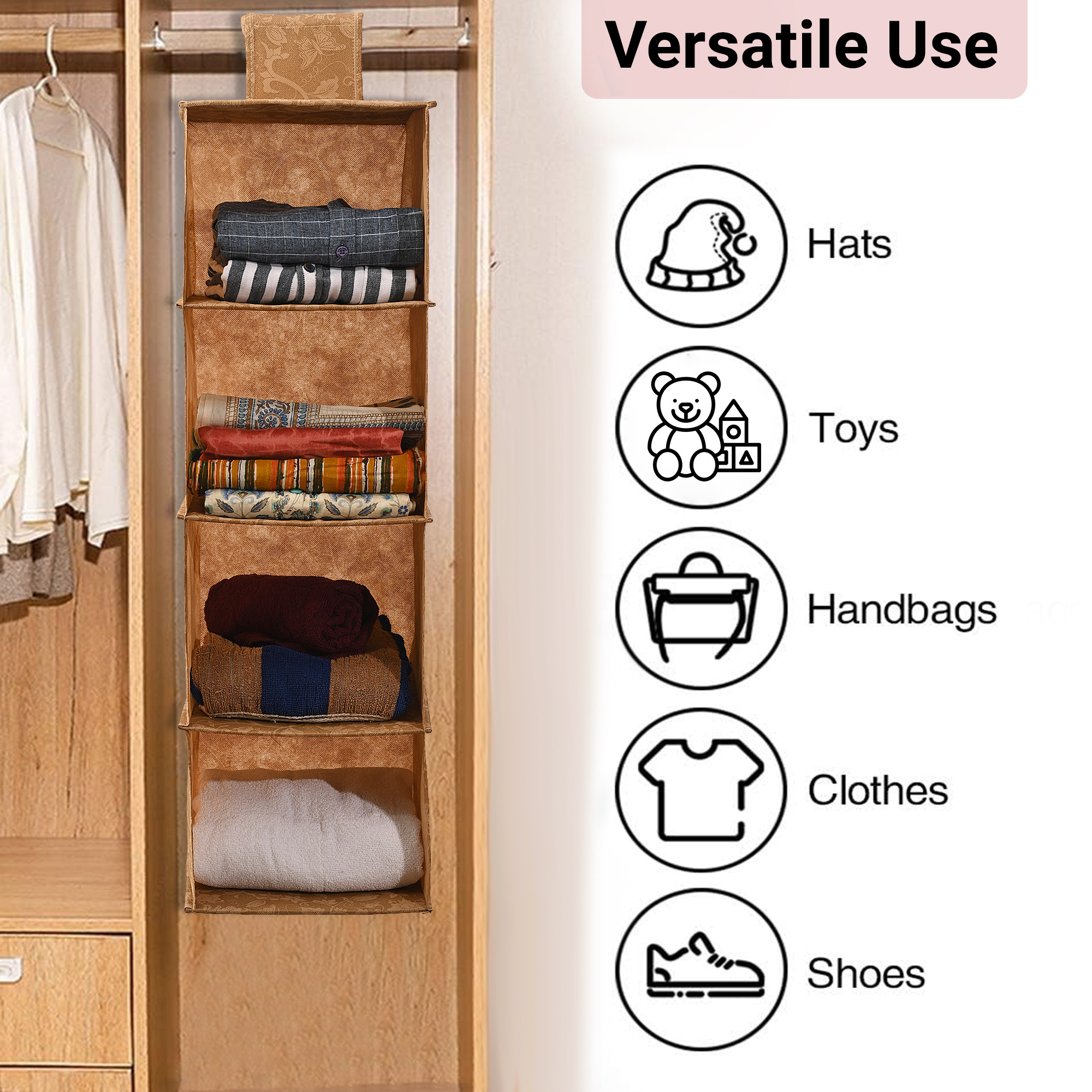 Kuber Industries 4-Tier Hanging Closet Organizer for Wardrobe  Clothes  Undergarments Storage Shelf for AlmirahCupboard  Flowers -Brown