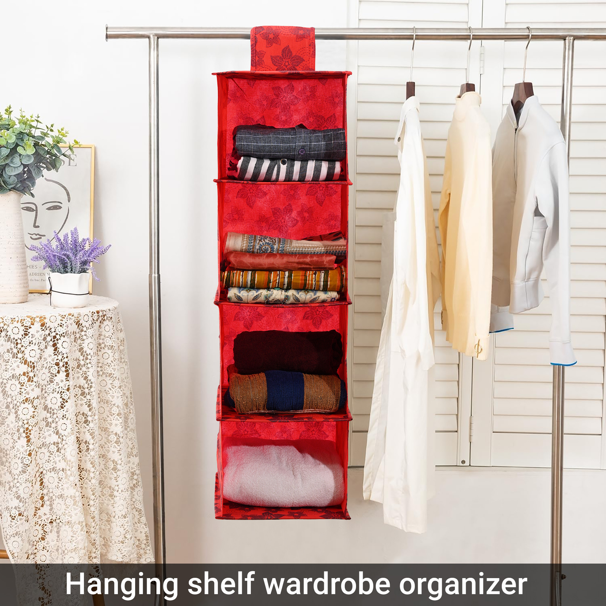 Kuber Industries 4-Tier Hanging Closet Organizer for Wardrobe  Clothes  Undergarments Storage Shelf for AlmirahCupboard  Flowers - Red