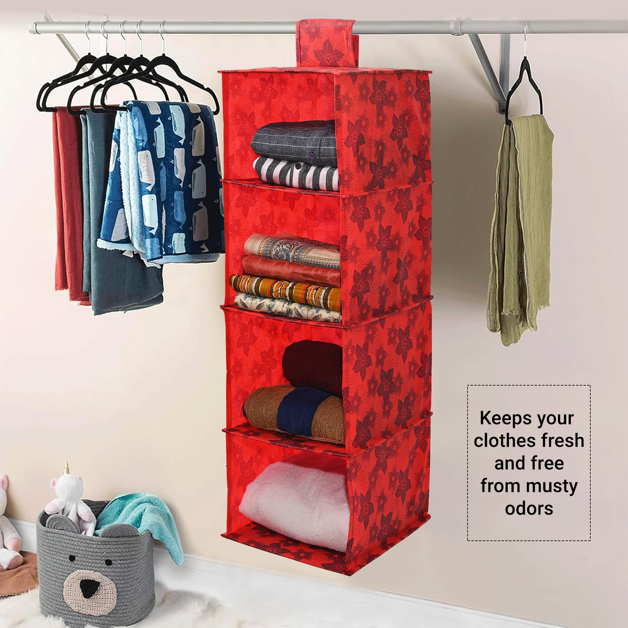 Kuber Industries 4-Tier Hanging Closet Organizer for Wardrobe  Clothes  Undergarments Storage Shelf for AlmirahCupboard  Flowers - Red