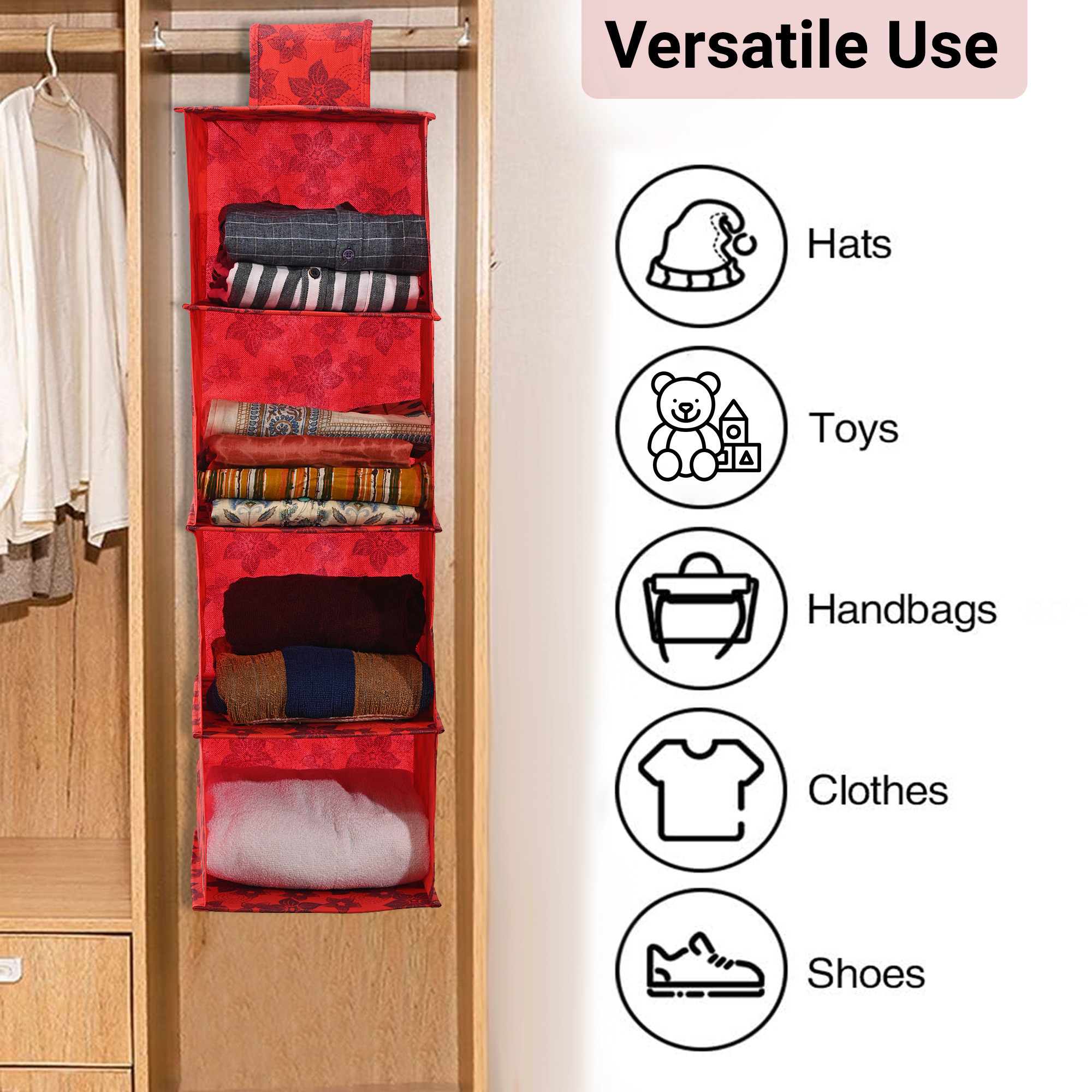 Kuber Industries 4-Tier Hanging Closet Organizer for Wardrobe  Clothes  Undergarments Storage Shelf for AlmirahCupboard  Flowers - Red