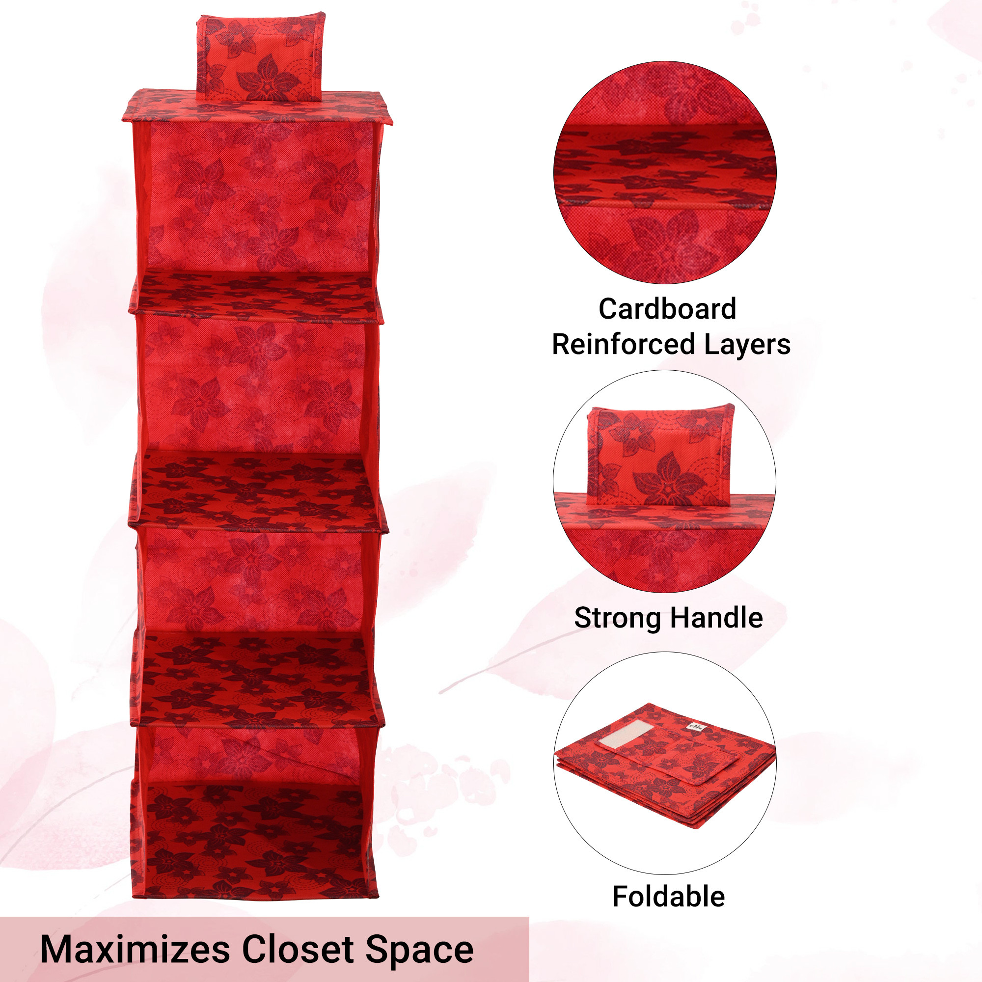 Kuber Industries 4-Tier Hanging Closet Organizer for Wardrobe  Clothes  Undergarments Storage Shelf for AlmirahCupboard  Flowers - Red