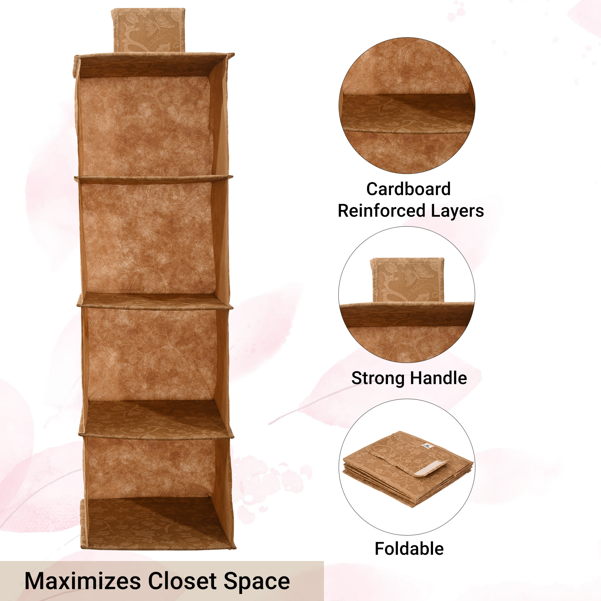 Kuber Industries 4-Tier Hanging Closet Organizer for Wardrobe  Clothes  Undergarments Storage Shelf for AlmirahCupboard  Flowers -Brown