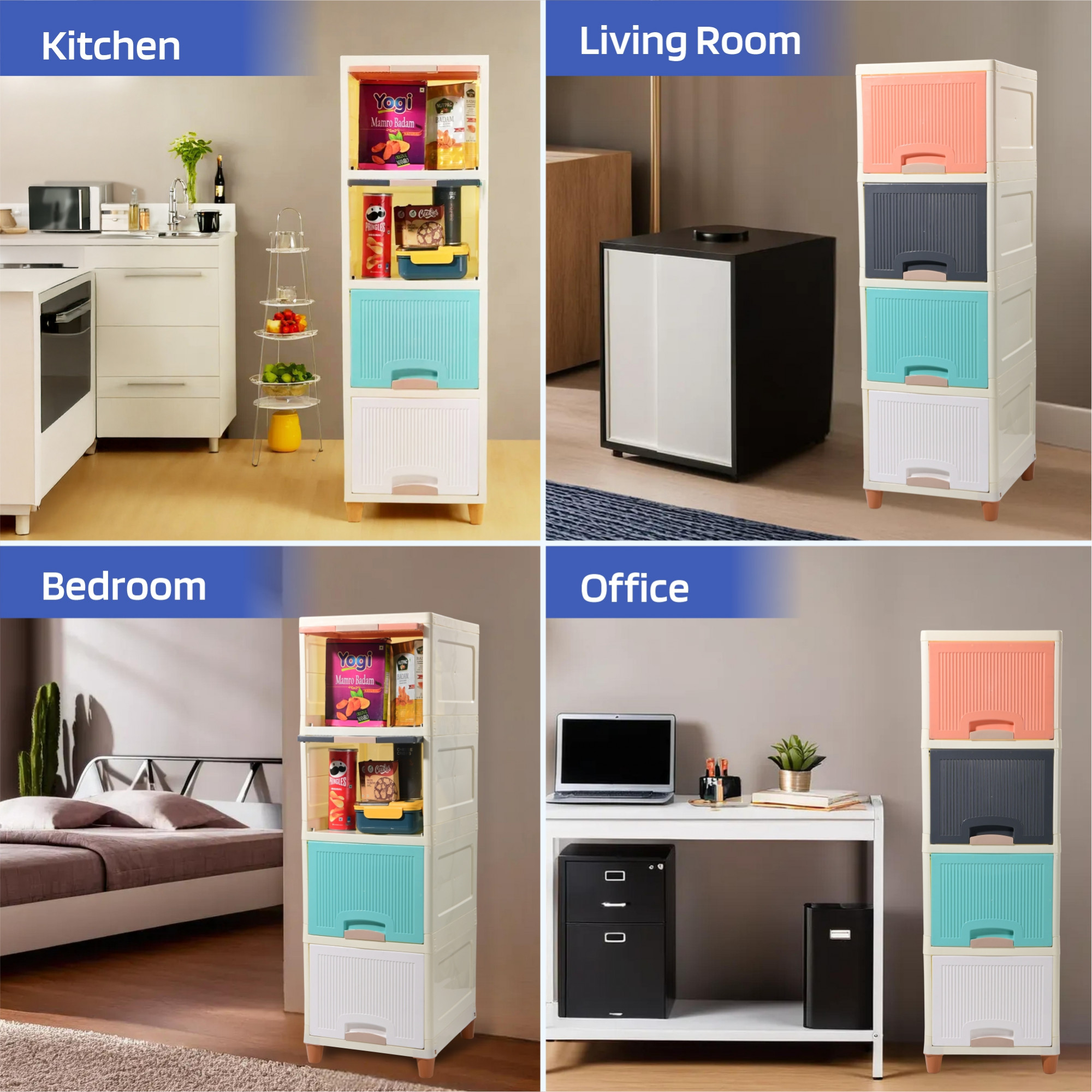 Kuber Industries 4 Units Cupboard for Storage Organizer  Foldable Wardrobe Rack for Clothes Books  Toys  Stackable Kitchen Cabinet for Home  Bedroom  Kids Living Room  Multicolor