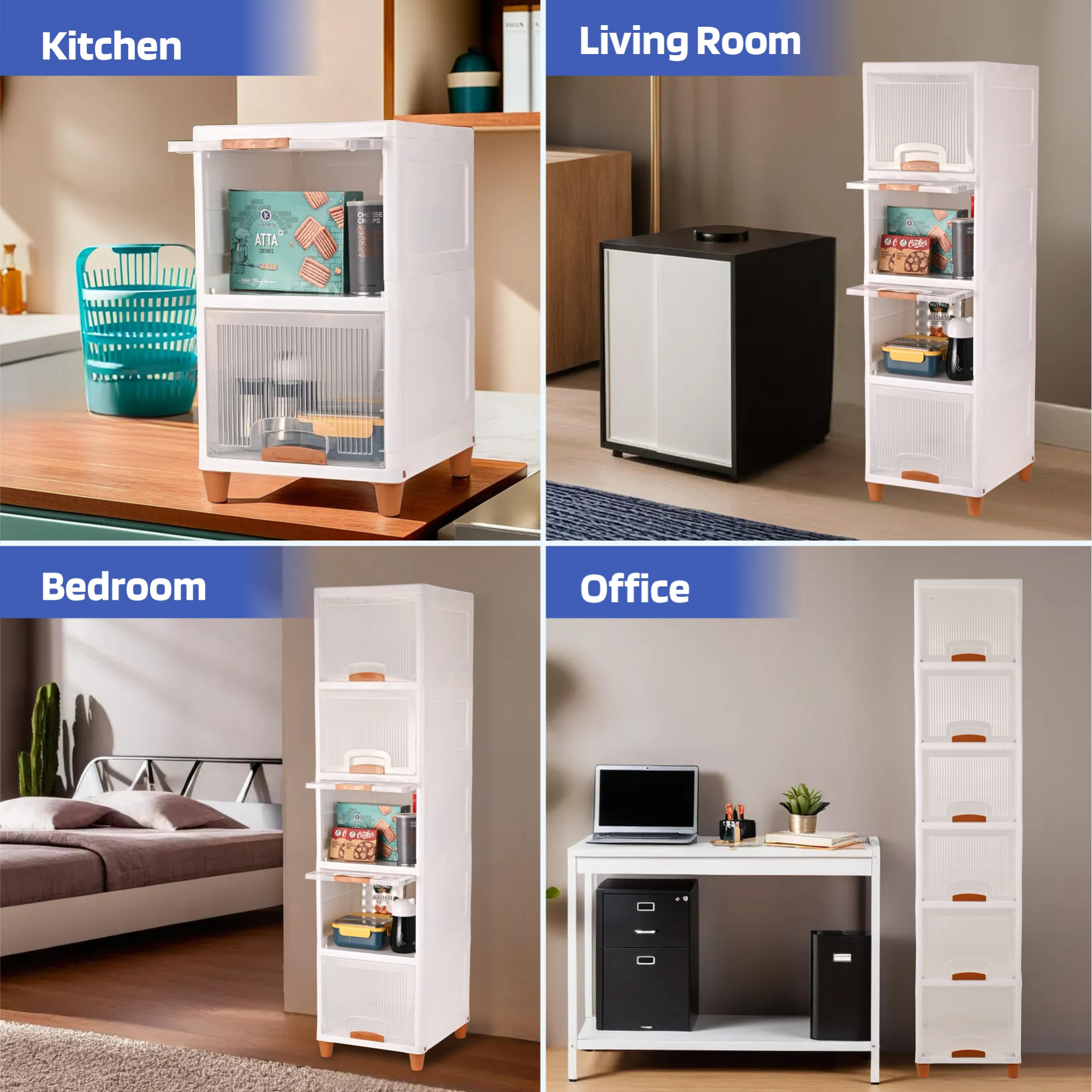 Kuber Industries 4 Units Modular Cabinet Storage Organizer  Foldable Kids Wardrobe for Cloth  Space-Saving Snacks Closet Toy Cupboard  Plastic Almirah for Cloth  Transparent