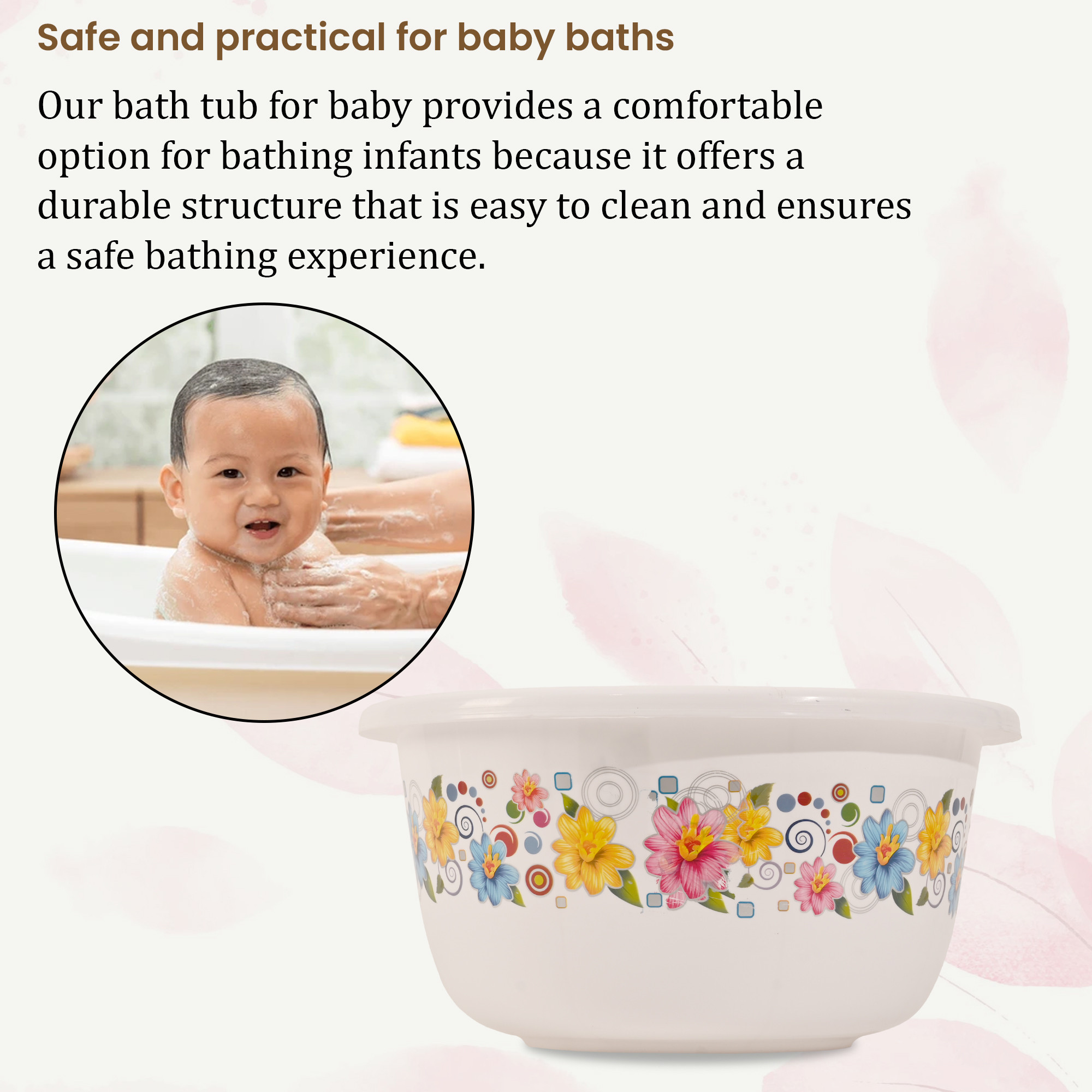 Kuber Industries 40 Liters Multipurpose Bath Tub for Bathroom  Suitable for Indoor and Outdoor Use  Durable  Lightweight Tub for Washing Clothes  Utensils  Flower Print - White