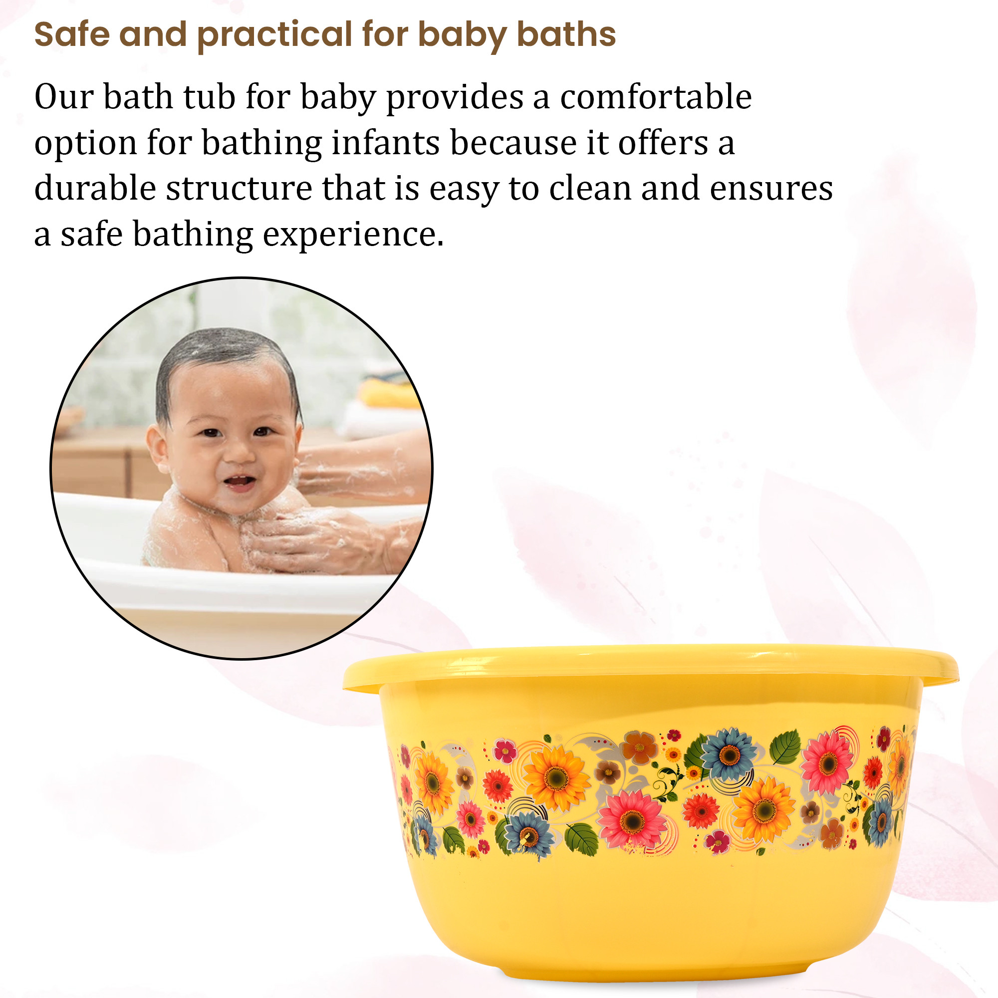 Kuber Industries 40 Liters Multipurpose Bath Tub for Bathroom  Suitable for Indoor and Outdoor Use  Durable  Lightweight Tub for Washing Clothes  Utensils  Flower Print - Yellow