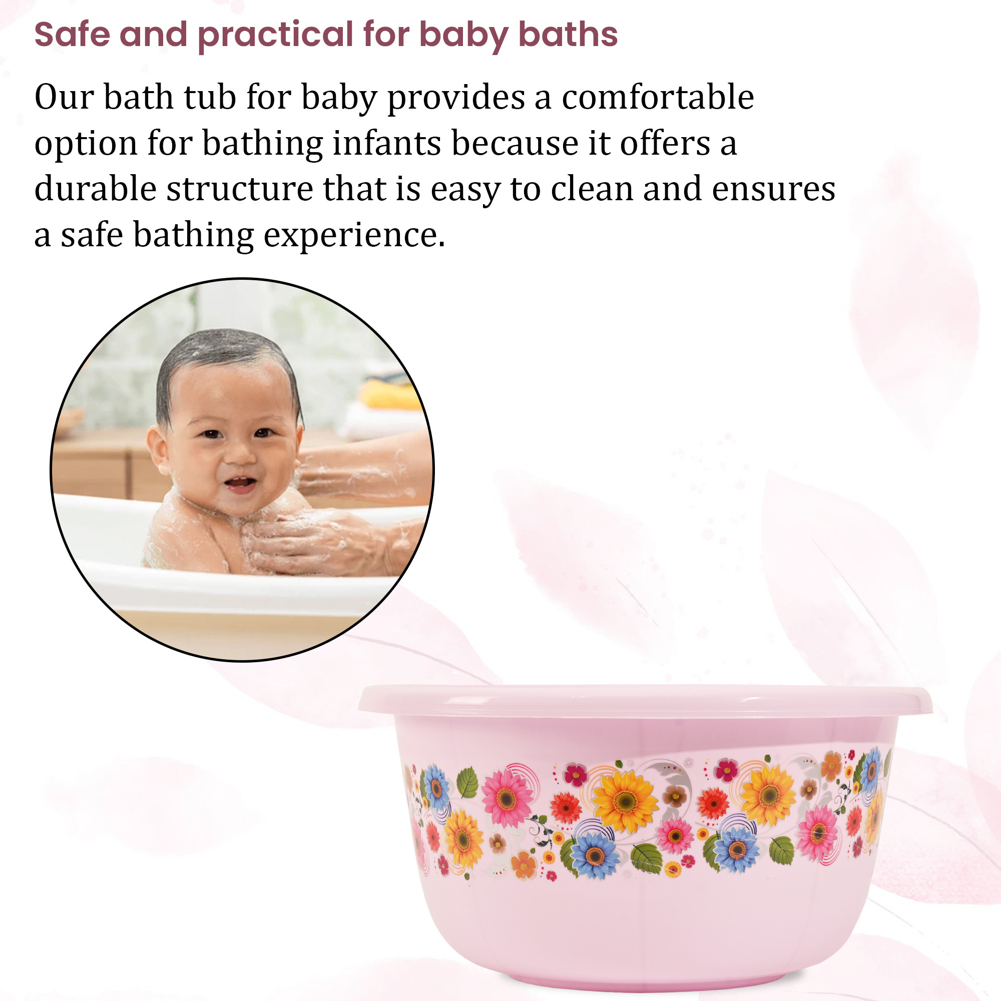 Kuber Industries 40 Liters Multipurpose Bath Tub for Bathroom  Suitable for Indoor and Outdoor Use  Durable  Lightweight Tub for Washing Clothes  Utensils  Flower Print - Pink