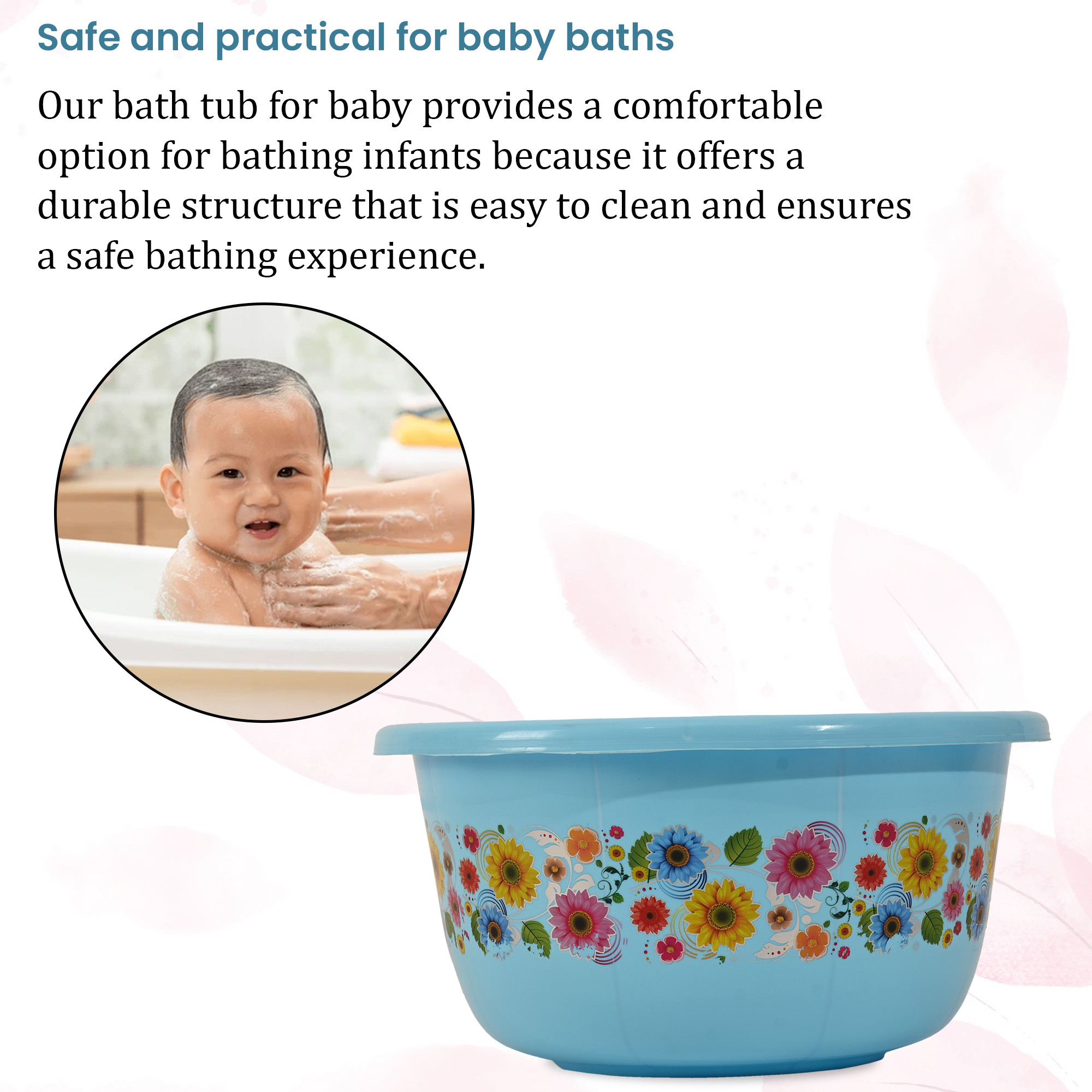 Kuber Industries 40 Liters Multipurpose Bath Tub for Bathroom  Suitable for Indoor and Outdoor Use  Durable  Lightweight Tub for Washing Clothes  Utensils  Flower Print - Blue