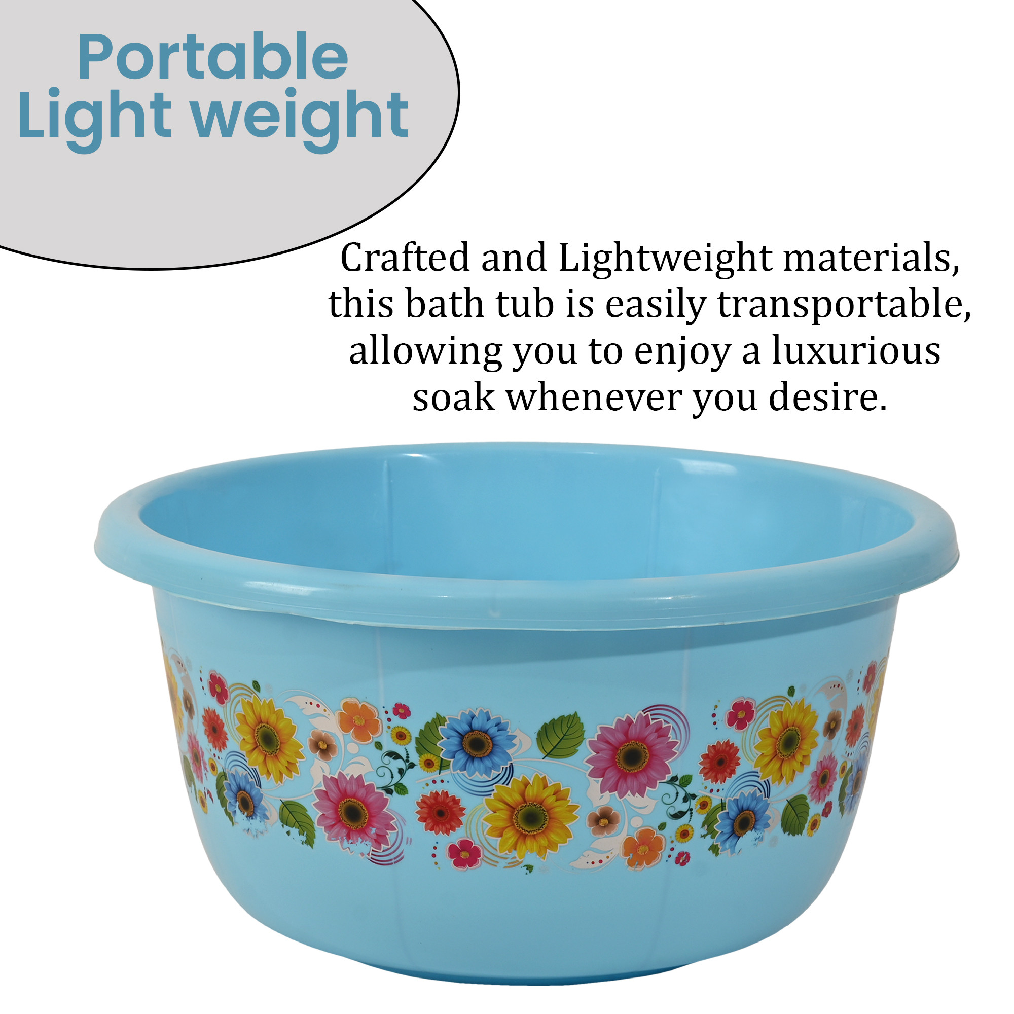 Kuber Industries 40 Liters Multipurpose Bath Tub for Bathroom  Suitable for Indoor and Outdoor Use  Durable  Lightweight Tub for Washing Clothes  Utensils  Flower Print - Blue