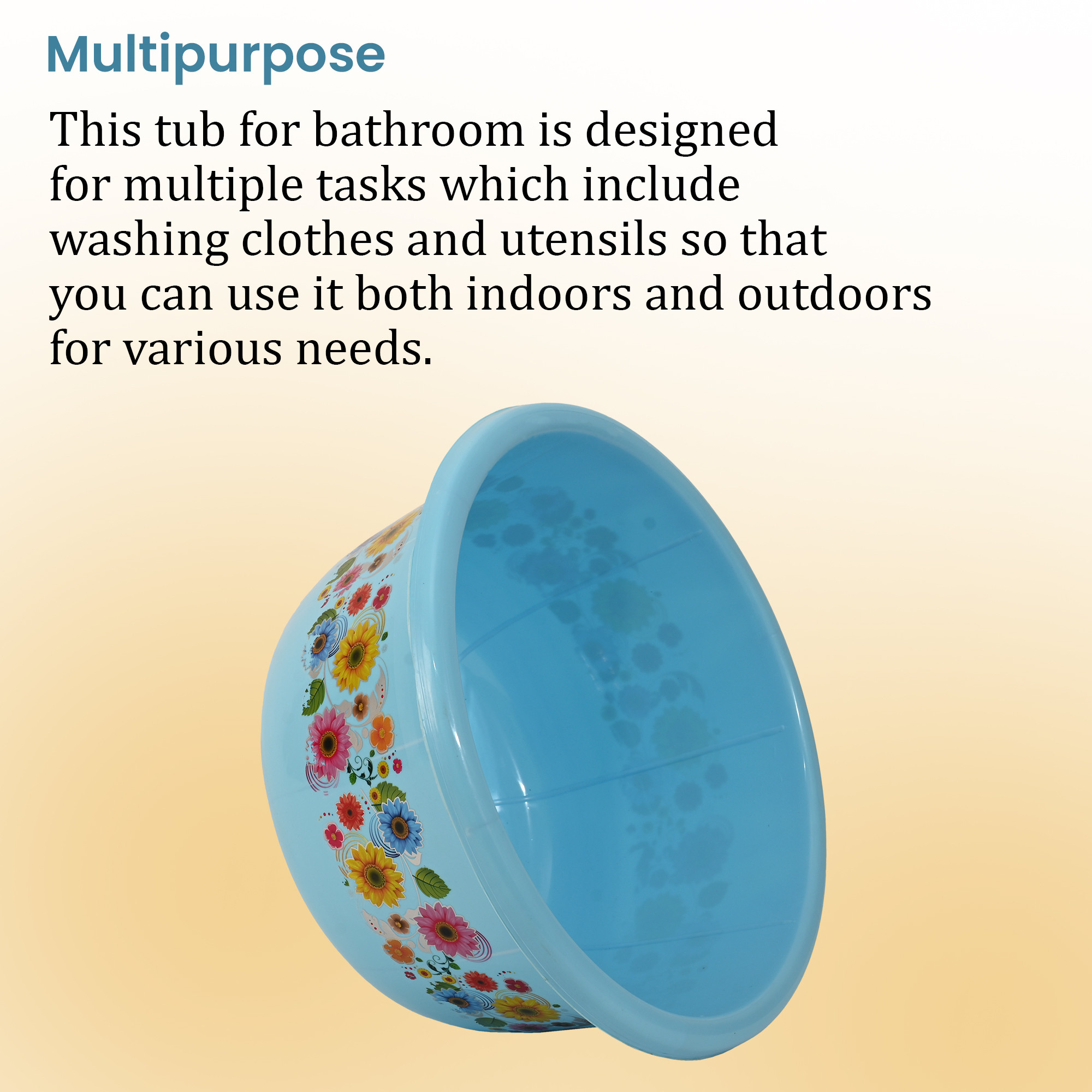 Kuber Industries 40 Liters Multipurpose Bath Tub for Bathroom  Suitable for Indoor and Outdoor Use  Durable  Lightweight Tub for Washing Clothes  Utensils  Flower Print - Blue