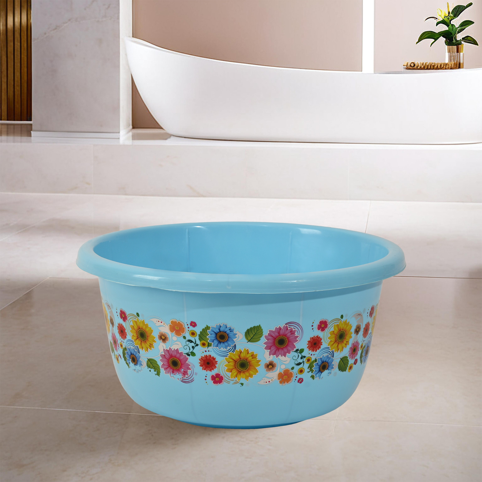 Kuber Industries 40 Liters Multipurpose Bath Tub for Bathroom  Suitable for Indoor and Outdoor Use  Durable  Lightweight Tub for Washing Clothes  Utensils  Flower Print - Blue