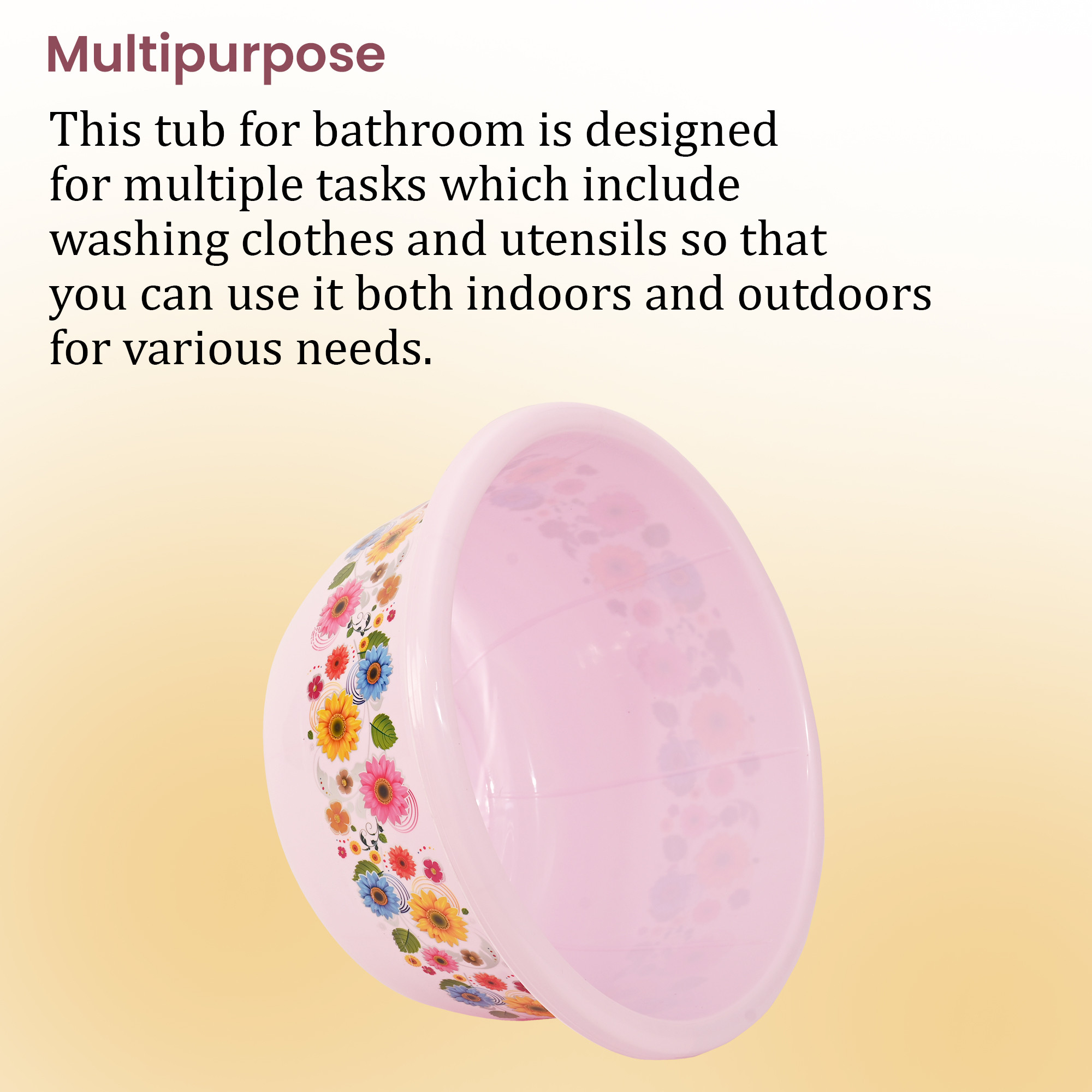 Kuber Industries 40 Liters Multipurpose Bath Tub for Bathroom  Suitable for Indoor and Outdoor Use  Durable  Lightweight Tub for Washing Clothes  Utensils  Flower Print - Pink