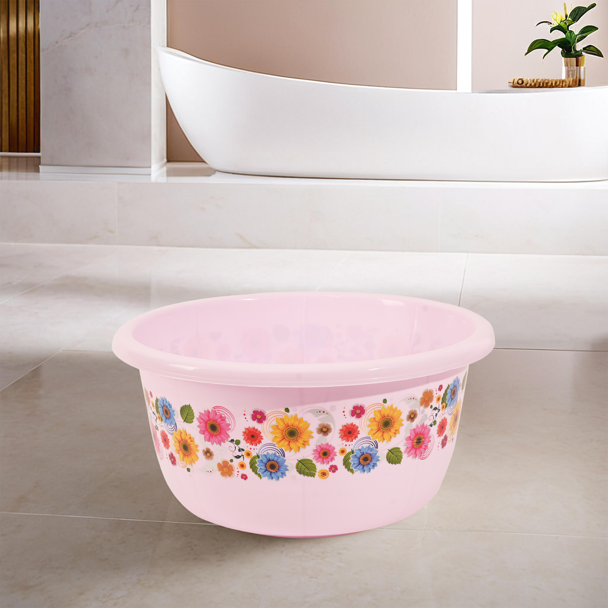 Kuber Industries 40 Liters Multipurpose Bath Tub for Bathroom  Suitable for Indoor and Outdoor Use  Durable  Lightweight Tub for Washing Clothes  Utensils  Flower Print - Pink