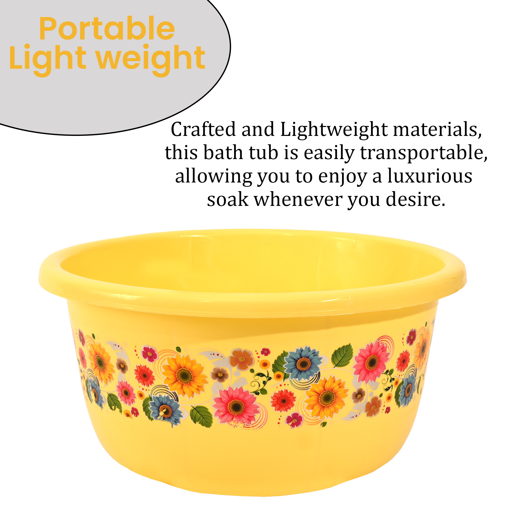 Kuber Industries 40 Liters Multipurpose Bath Tub for Bathroom  Suitable for Indoor and Outdoor Use  Durable  Lightweight Tub for Washing Clothes  Utensils  Flower Print - Yellow